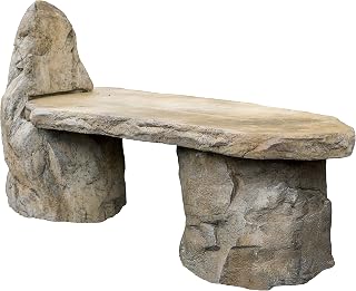 Athena Garden Basalt Stone 3-Piece Bench with Backrest - Rustic Cast Stone Outdoor Garden Patio Seating, Hand-Sculpted Boulder Look