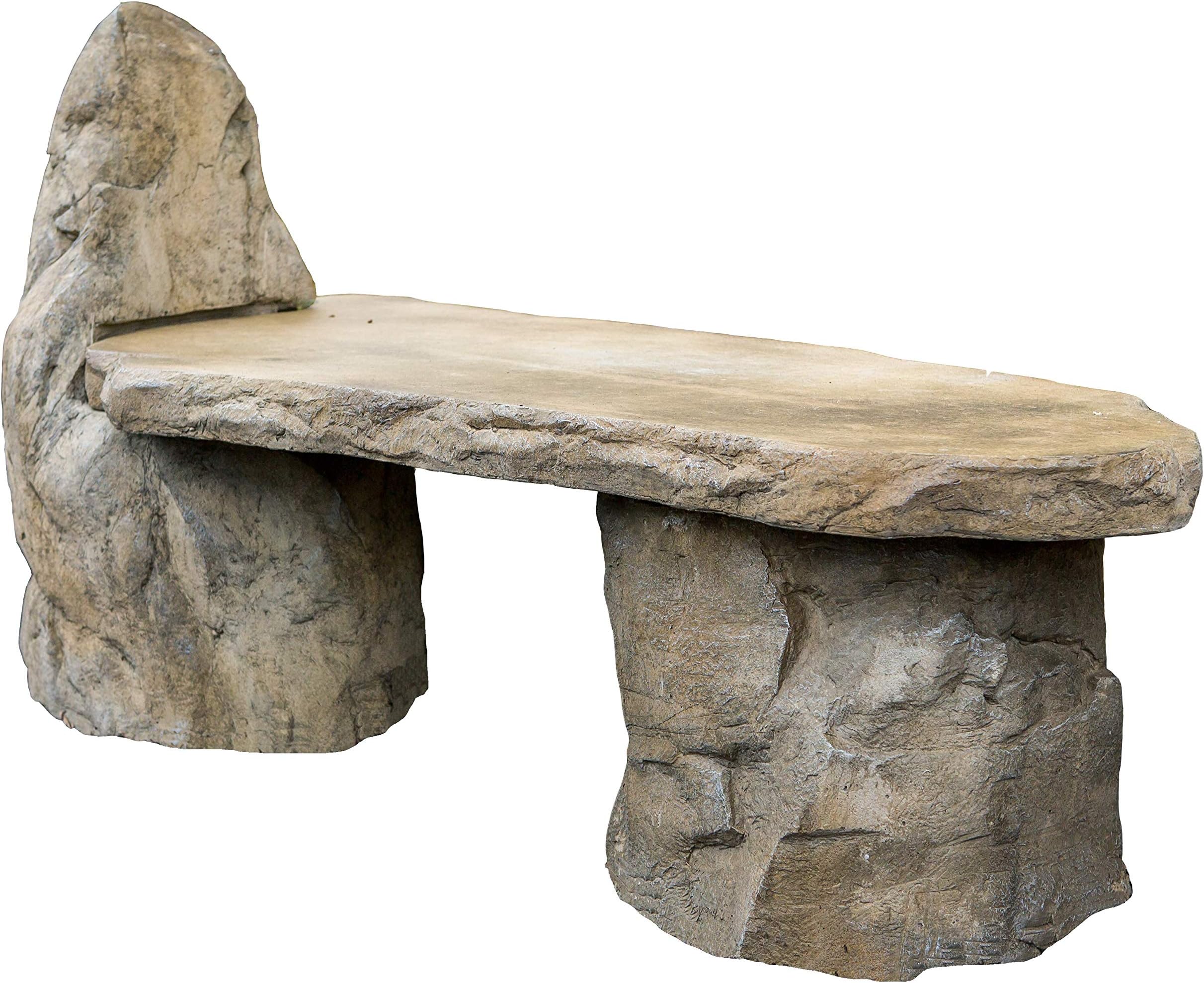 Athena Garden Basalt Stone Boulder Bench with Back, Cast Stone Rustic Lounge Bench, Outdoor Garden Patio Bench, 3 Piece Hand Sculpted Rock Garden Bench Outdoor Decor