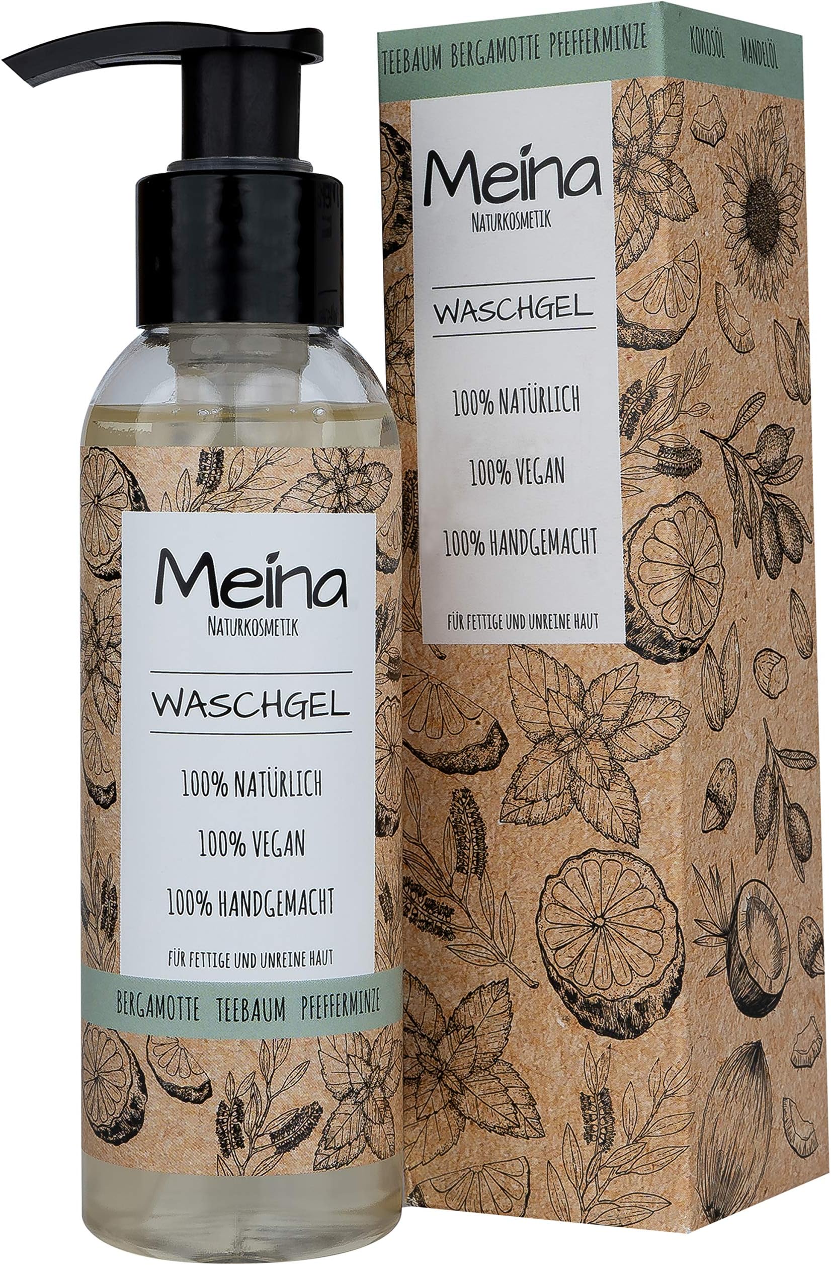 Meina - Facial Cleanser with Tea Tree, Bergamot and Peppermint (1 x 120 ml) Vegan Face Wash - Facial Cleansing for Acne, Eczema and Impure Skin - Anti-aging effect