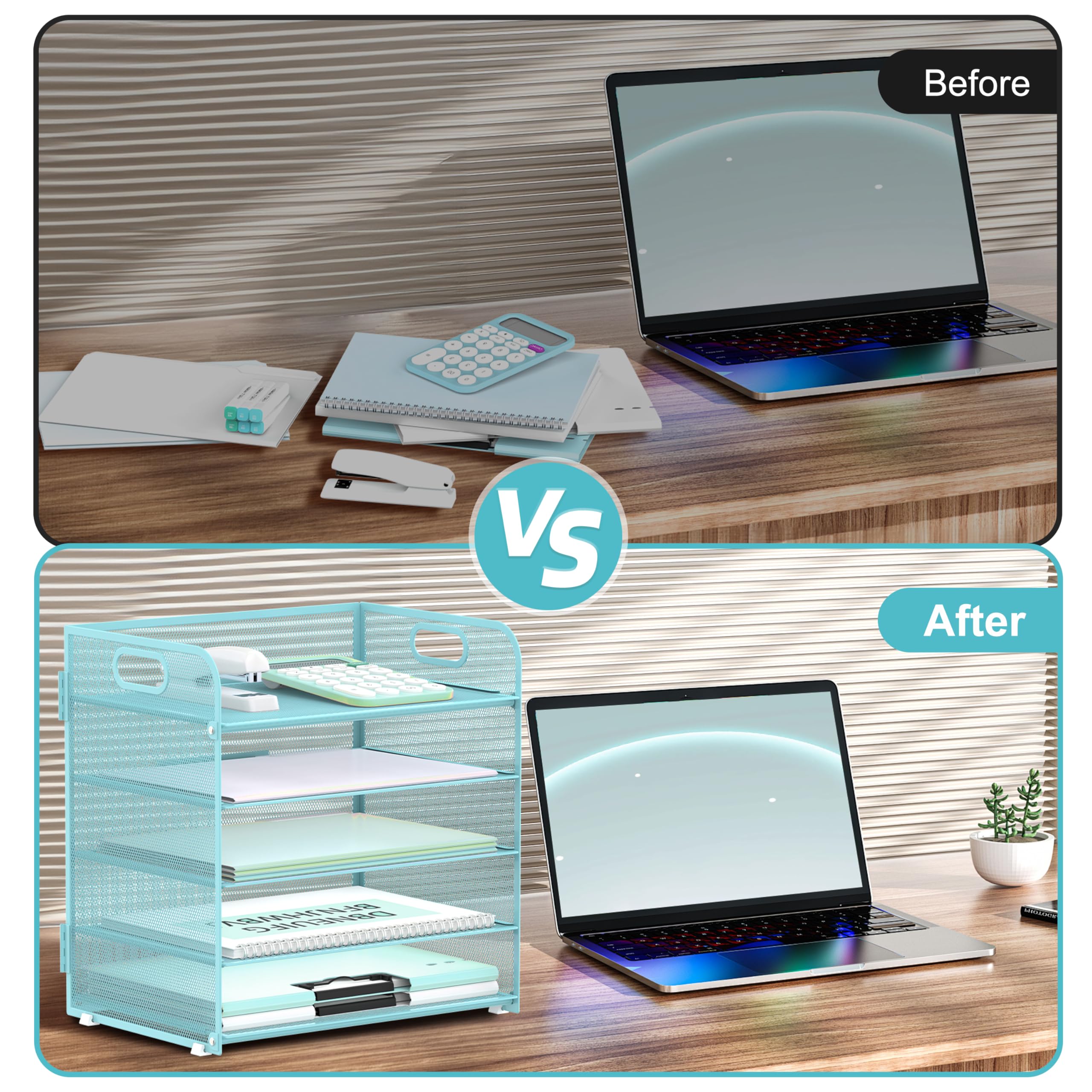 Lot de 5 plateaux de rangement en papier avec poignée en maille bleu clair pour bureau