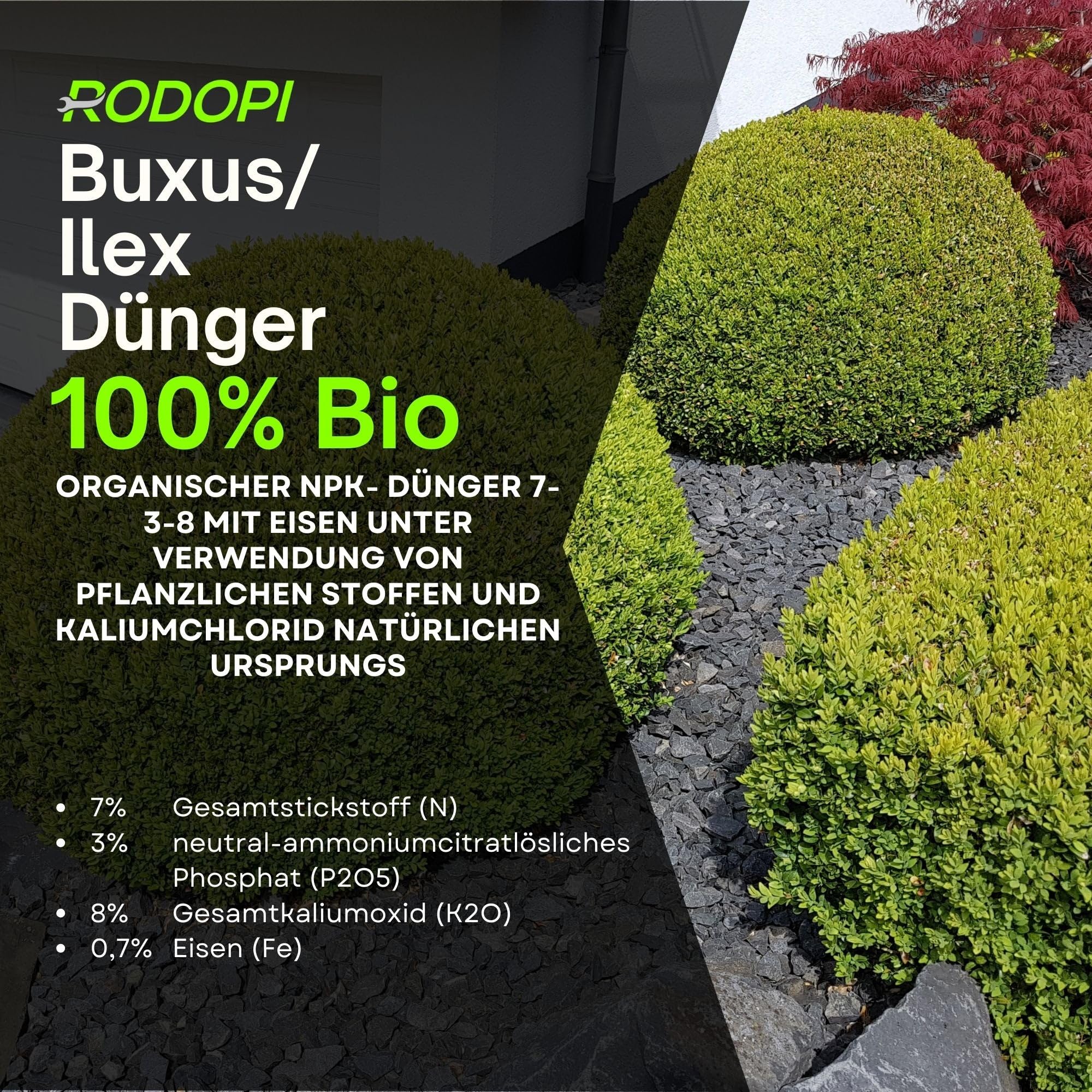 Rodopi Bio-Buxusdünger & Ilexdünger Granulat – 3 Monate Langzeitwirkung – 100% pflanzlich & vegan – Organischer NPK-Dünger 7-3-8 mit Magnesium 20kg