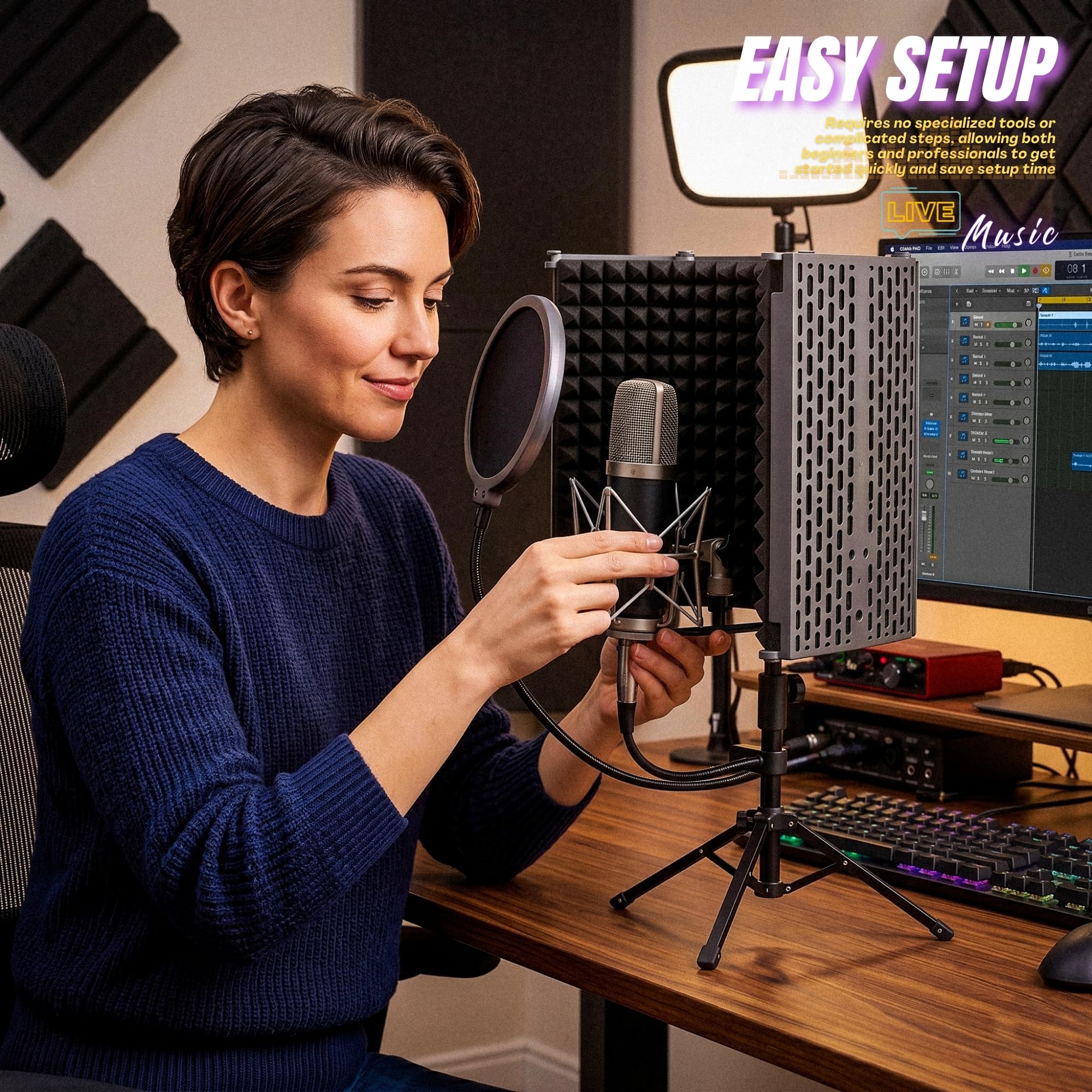 Studio-Mikrofon-Isolationsschild, mit Pop-Filter & Metall-Tischstativ, Mikrofonständer, 5-fach faltbarer Studio-Mikrofon-Isolationsschild, tragbar für Singen, Podcasting, Musikaufnahme