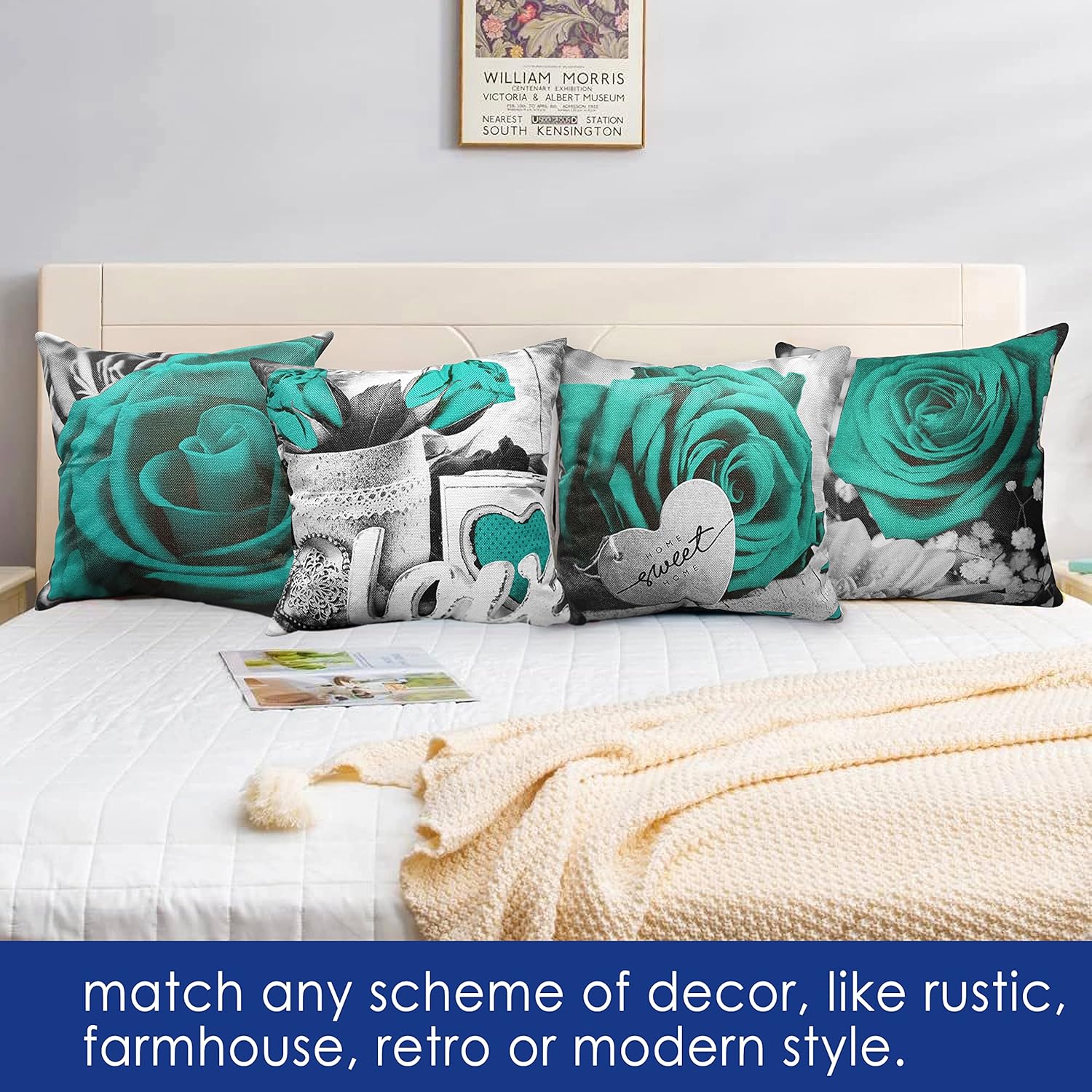 Teal Throw Pillow Covers 18x18 Set of 4 Floral Turquoise Pillows Decorative Couch Pillow Covers Living Room Sofa Bed Outdoor Pillows Summer Linen Rose White Black Gray Pillowcases Farmhouse