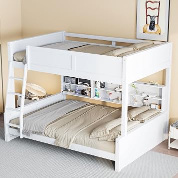 DNYN Full XL Over Queen Bunk Bed with Storage for Kids/Adults,Solid Wood Bedframe w/Cabinets & USB Ports Design,Perfect for Bedroom, Guest Room, White
