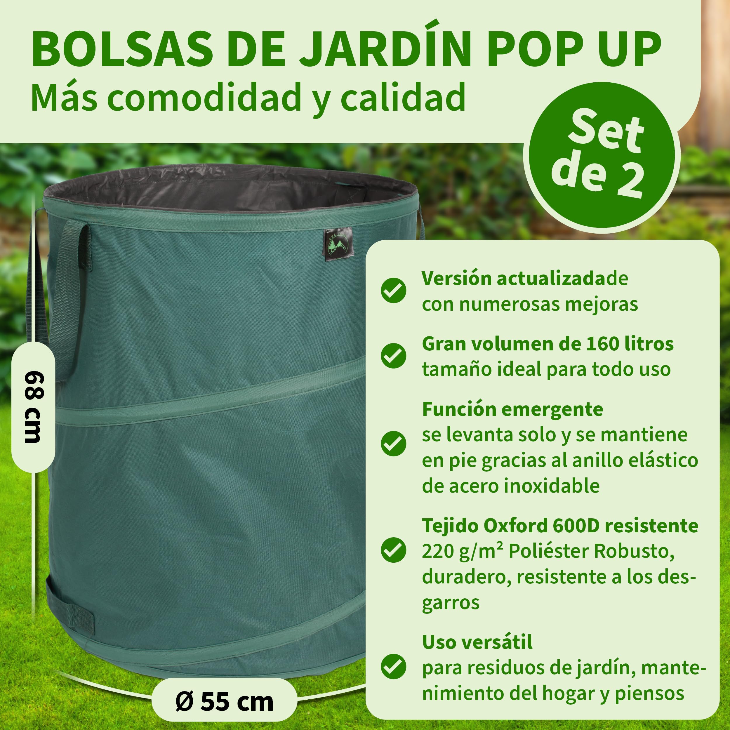 TTL Garden 2 x 160L Premium Pop Up - Saco de jardín (2 unidades, 220 g/m², 600D Oxford, 160 L, plegables, extra estables)