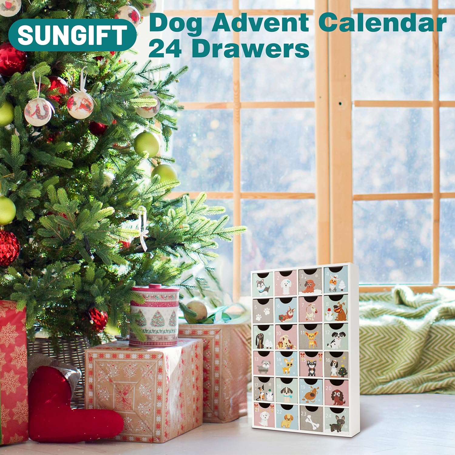 SUNGIFT Wood Advent Calendar with Drawers - Wooden Reusable Advent Calendar with Puppy Designs, Refillable Christmas Countdown Boxes 2025