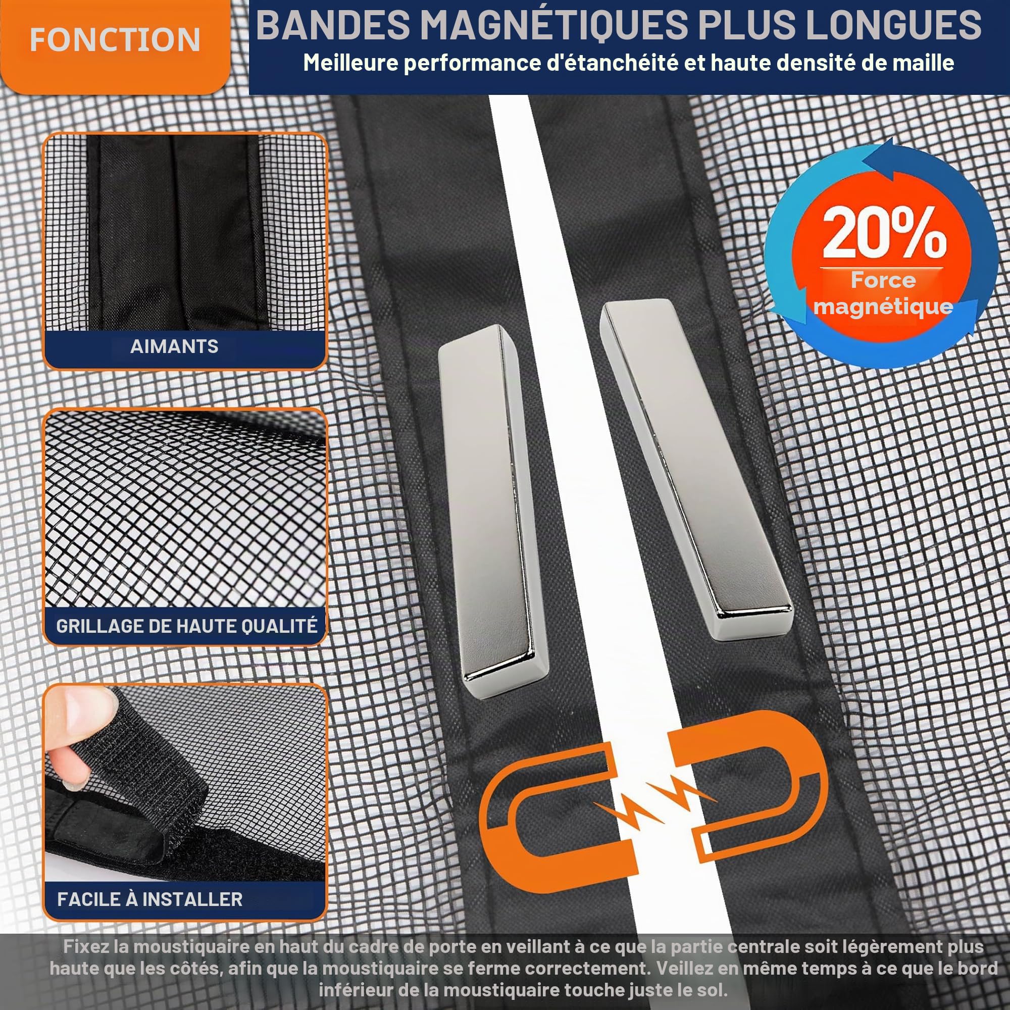 DIKER Moustiquaire Porte Fenetre Aimantée 140x210cm, Rideau Anti Mouche Moustiquaire Baie Vitree Coulissante, Maille Ultrarésistante, Fermeture Automatique, Noir