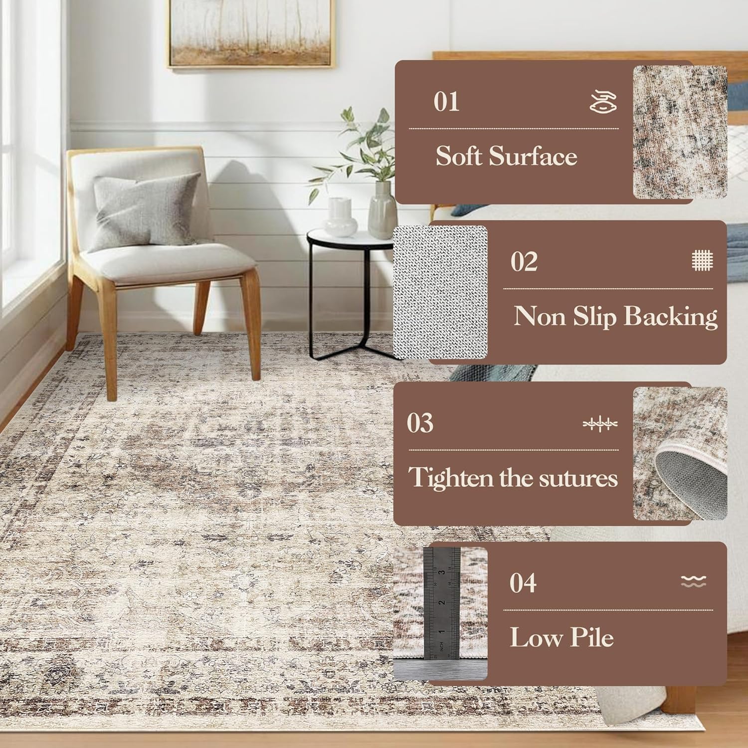Washable 5x7 Area Rugs for Living Room Low Pile Boho Small Carpet Soft Bedroom Rug Vintage Distressed Indoor Rugs Non Shedding Thin Retro Carpet for Kitchen Nursery Dining Room, Brown