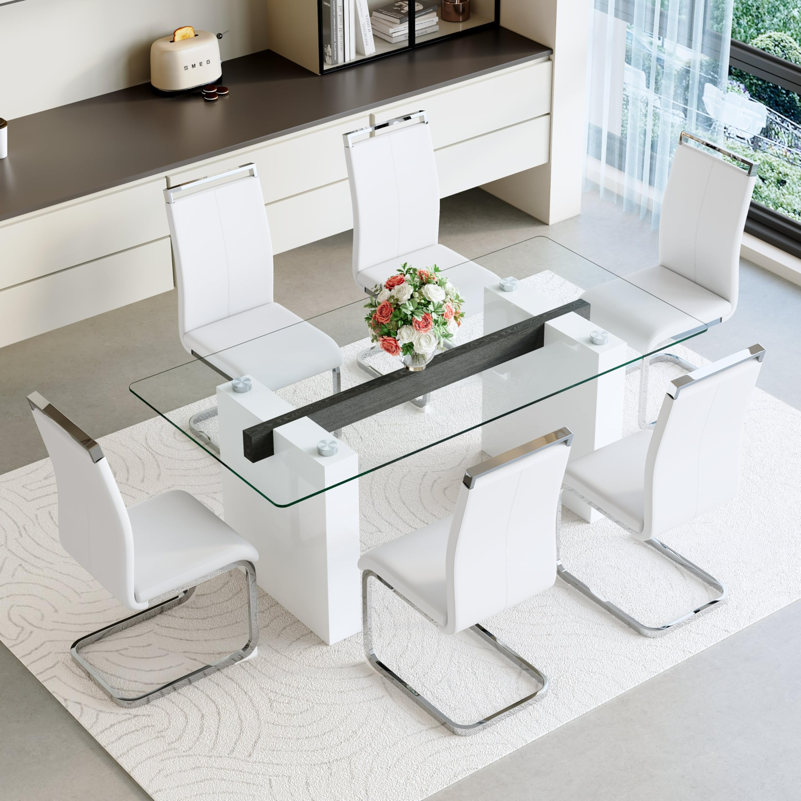 FURNITO Glass Dining Table Set for 6, Kitchen Table and Chairs for 6,71" White Dining Room Table with 6 PU Leather Dining Chairs for Kitchen,Dining
