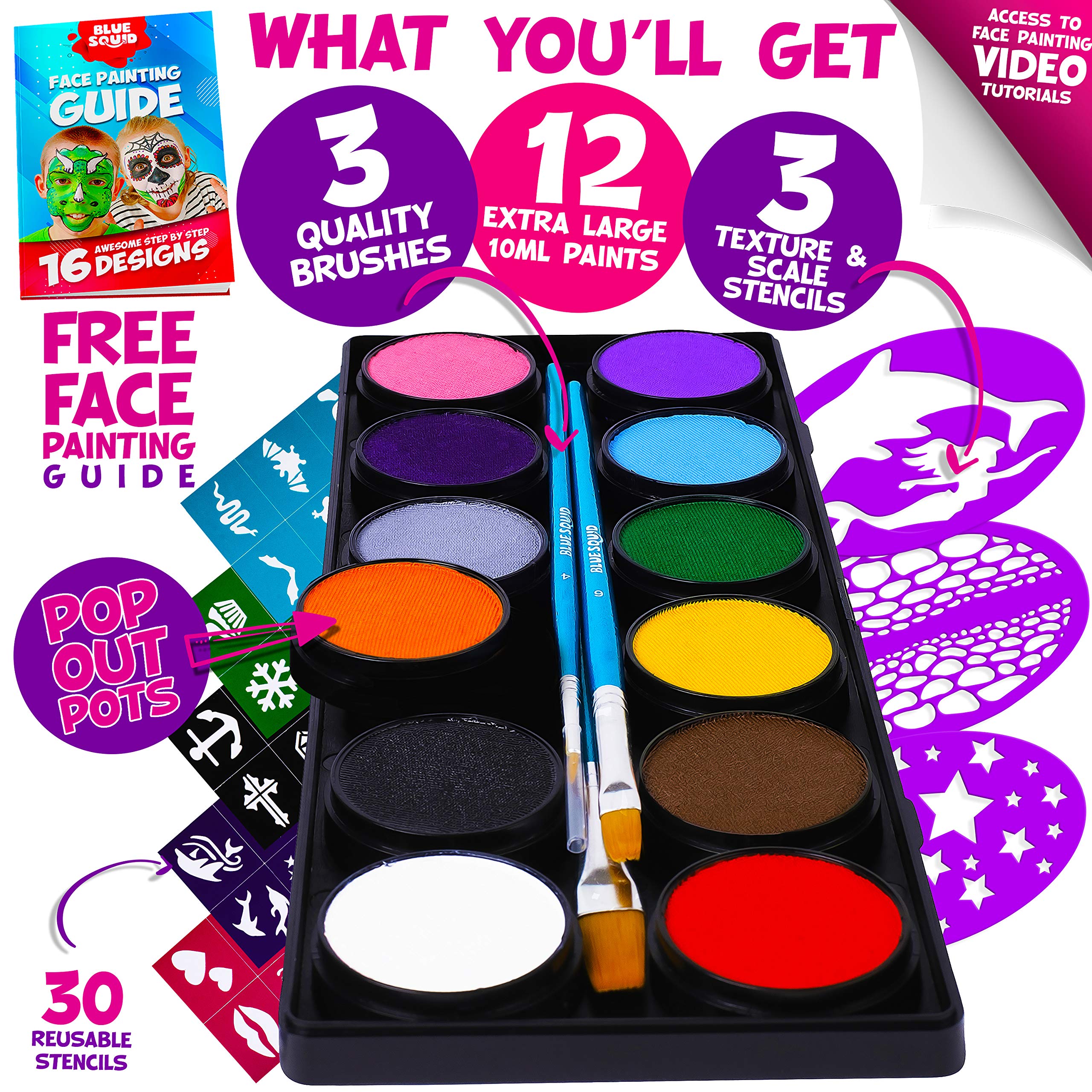 Buy Blue Squid Face Paint Kit for Kids 12 Color Palette, 30+3