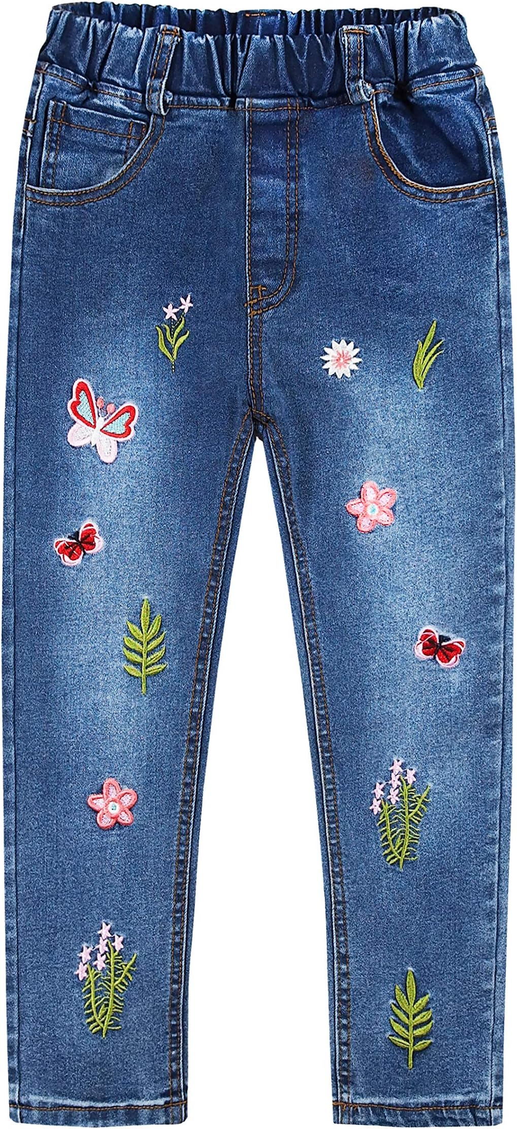 KIDSCOOL SPACE Little Girl Embroidered Slim Jeans, Big Girls Elastic Waist Denim Bottom Pants