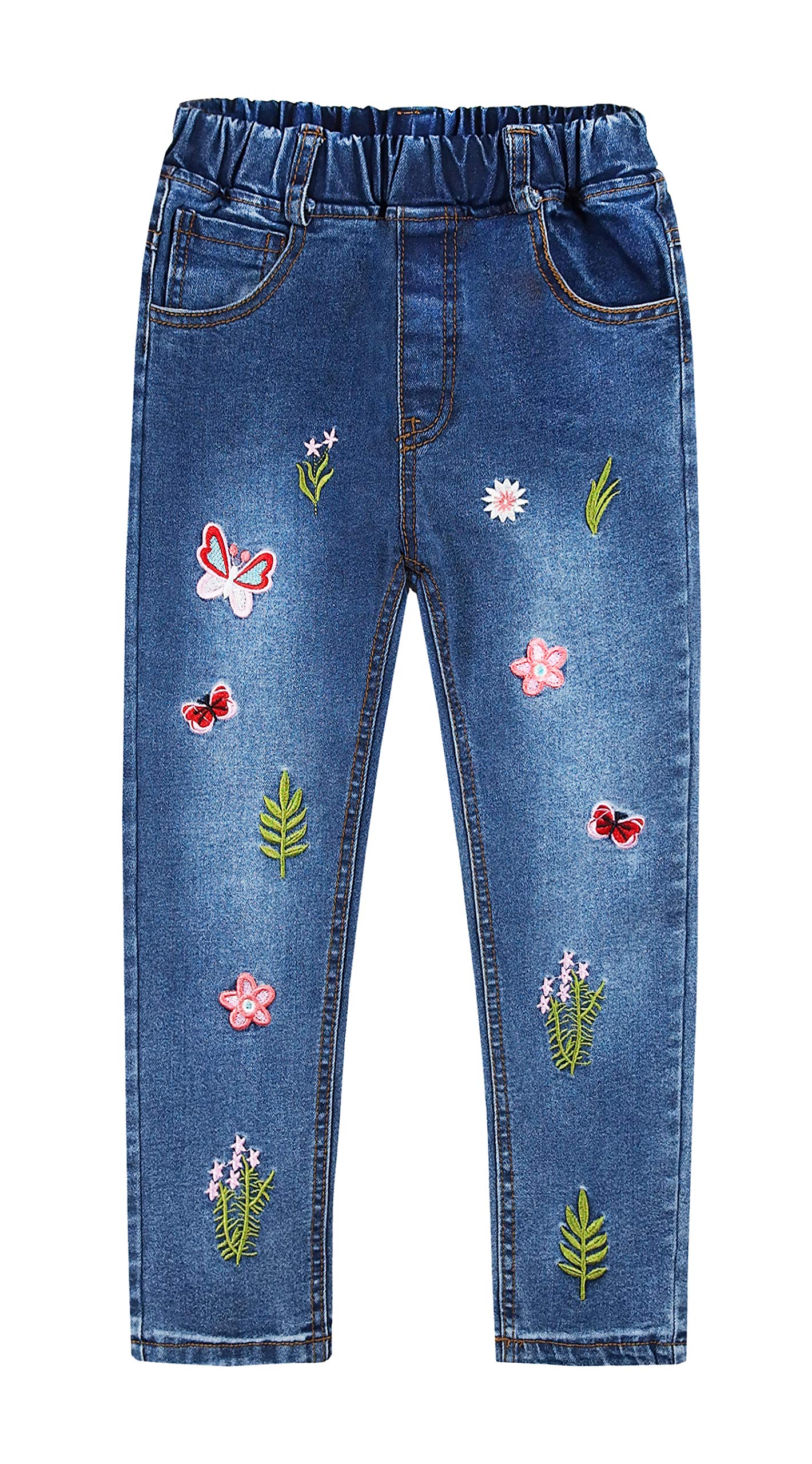 KIDSCOOL SPACE Little Girl Embroidered Slim Jeans, Big Girls Elastic Waist Denim Bottom Pants