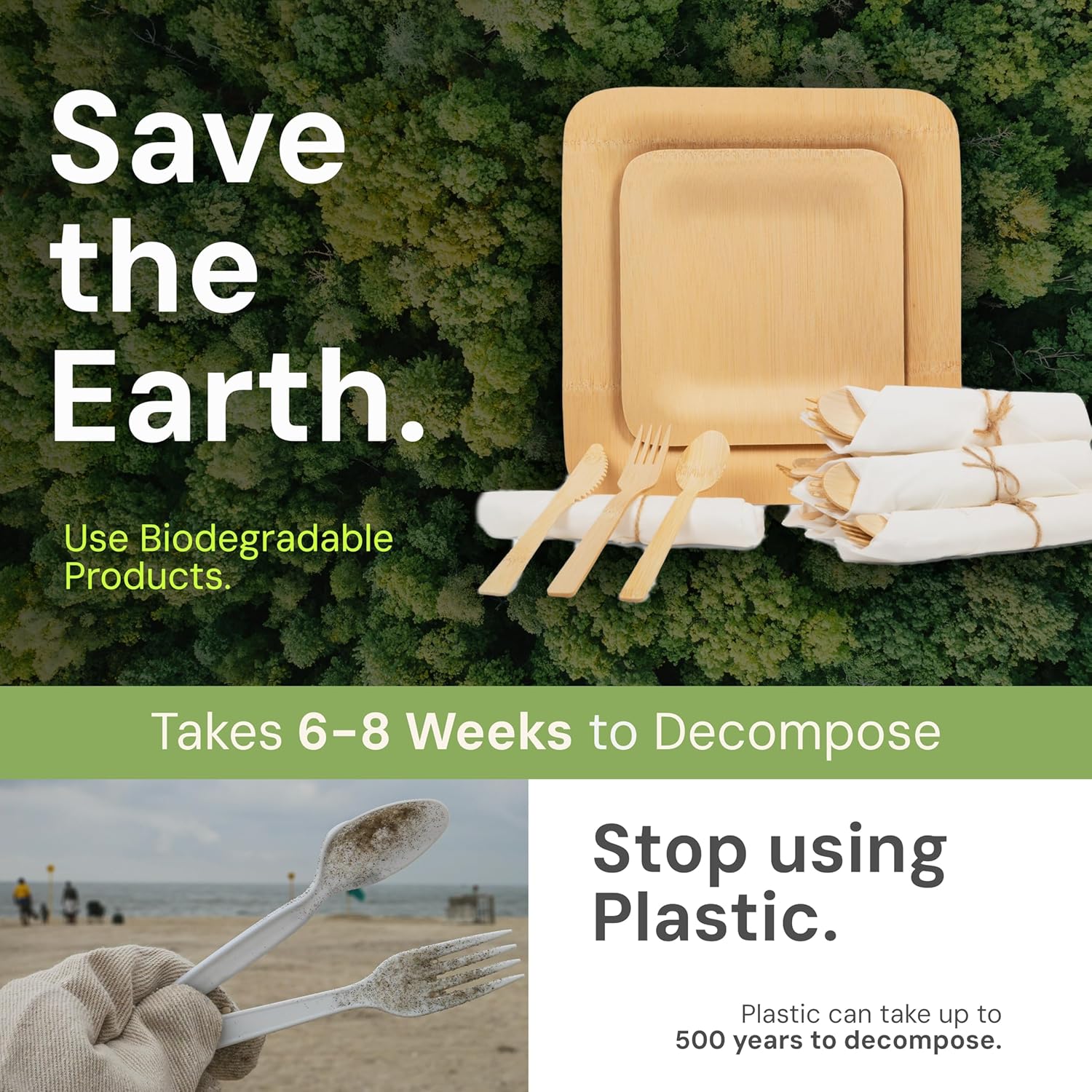 Disposable Premium Genuine Bamboo Plates & Pre-Rolled Cutlery Party Sets - 10" & 7" Bamboo plates - Elegant Spoon, Knife, Fork Set in Tissue Paper for Special Events - For 25 Guests - Image 7