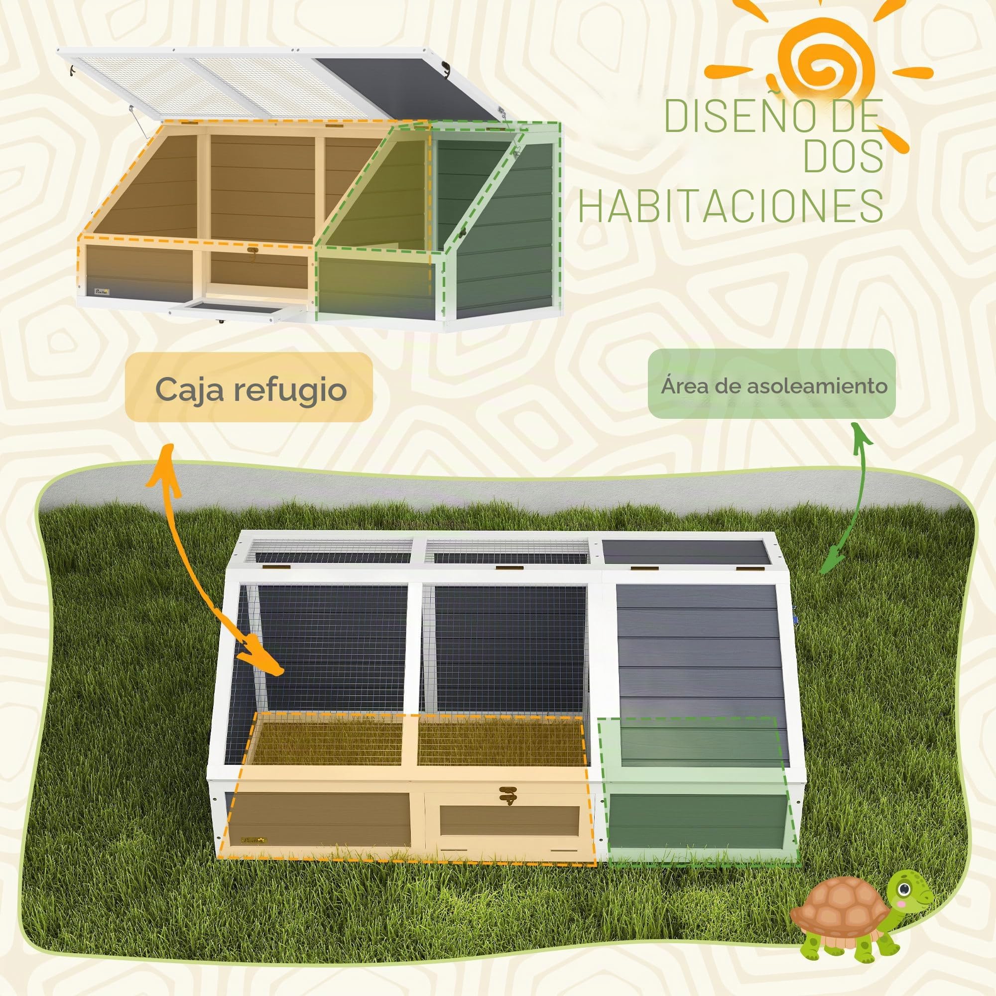 PawHut Casa para tortugas terrapín sin suelo con panel de apertura y 2 espacios separados, Casa para tortugas de abeto y acero galvanizado, 120x55x50A cm, gris claro y blanco | Sin pavimentación, panel abatible, 2 espacios separados, casa terrario tortuga