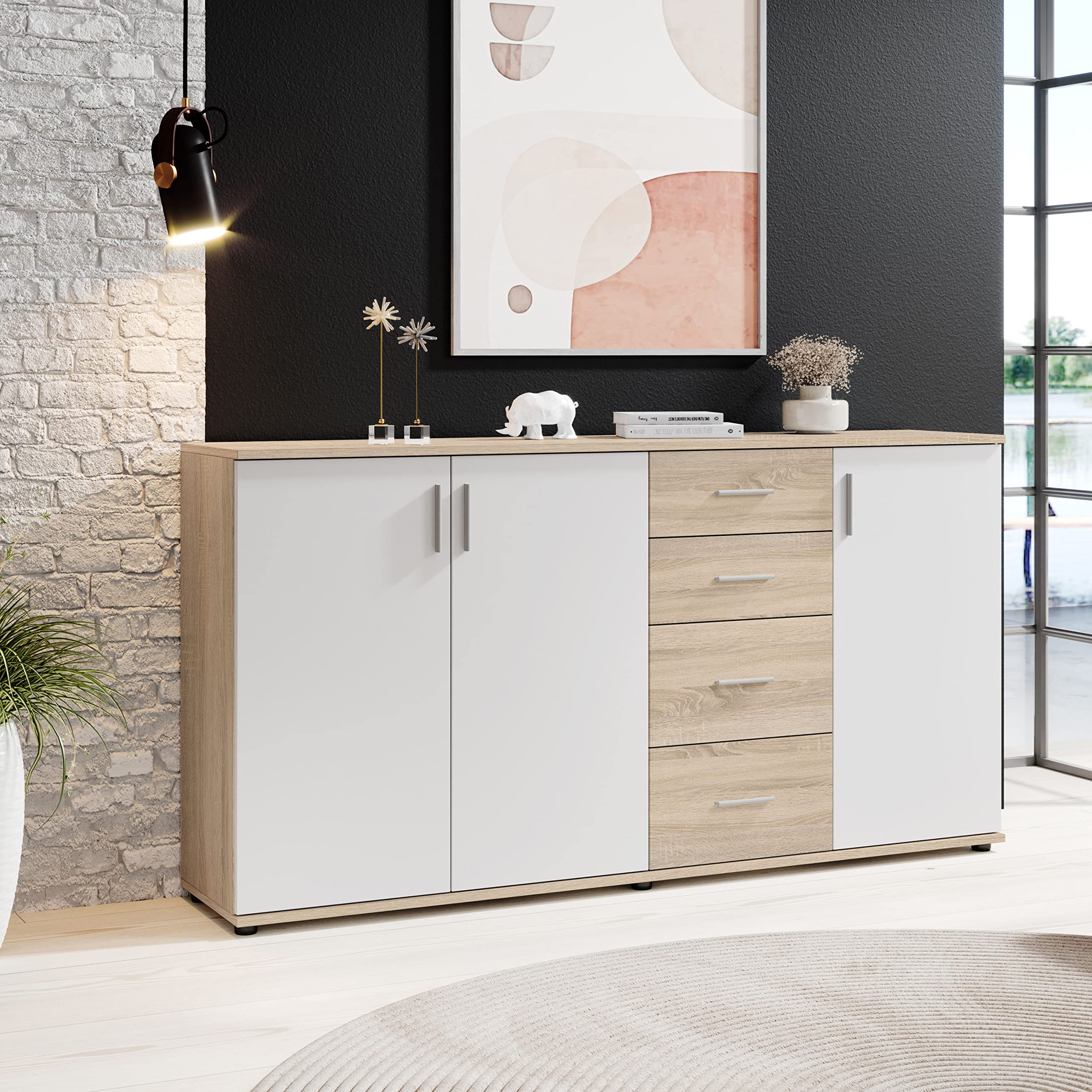 Stella Trading BOBBY, Cassettiera, effetto rovere Sonoma, bianco, credenza elegante con ampio spazio disponibile per la zona giorno; 160 x 82 x 35 cm, L x A x P