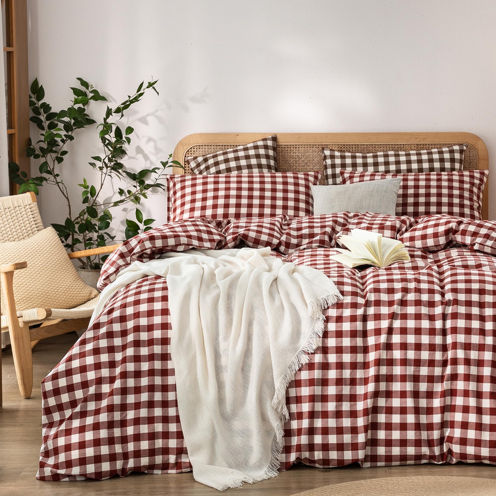 BESTOUCH Gingham Cotton Duvet Cover Set Fired Brick Red Twin