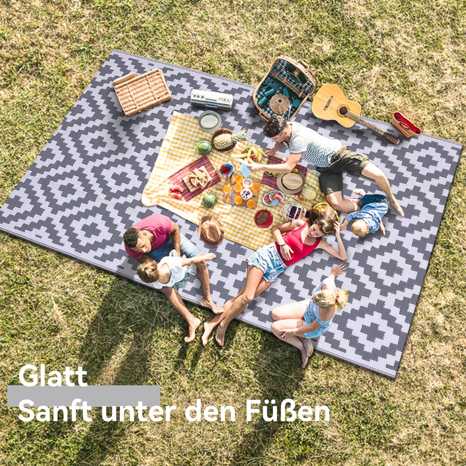 Homaxy Outdoor Teppich Wetterfest, Kunststoff Stroh UV-beständig Wendbar Faltbar Waschbar Balkon Garten Teppich für Terrasse Camping Picknick (120 x 180 cm, Grau & Weiß)