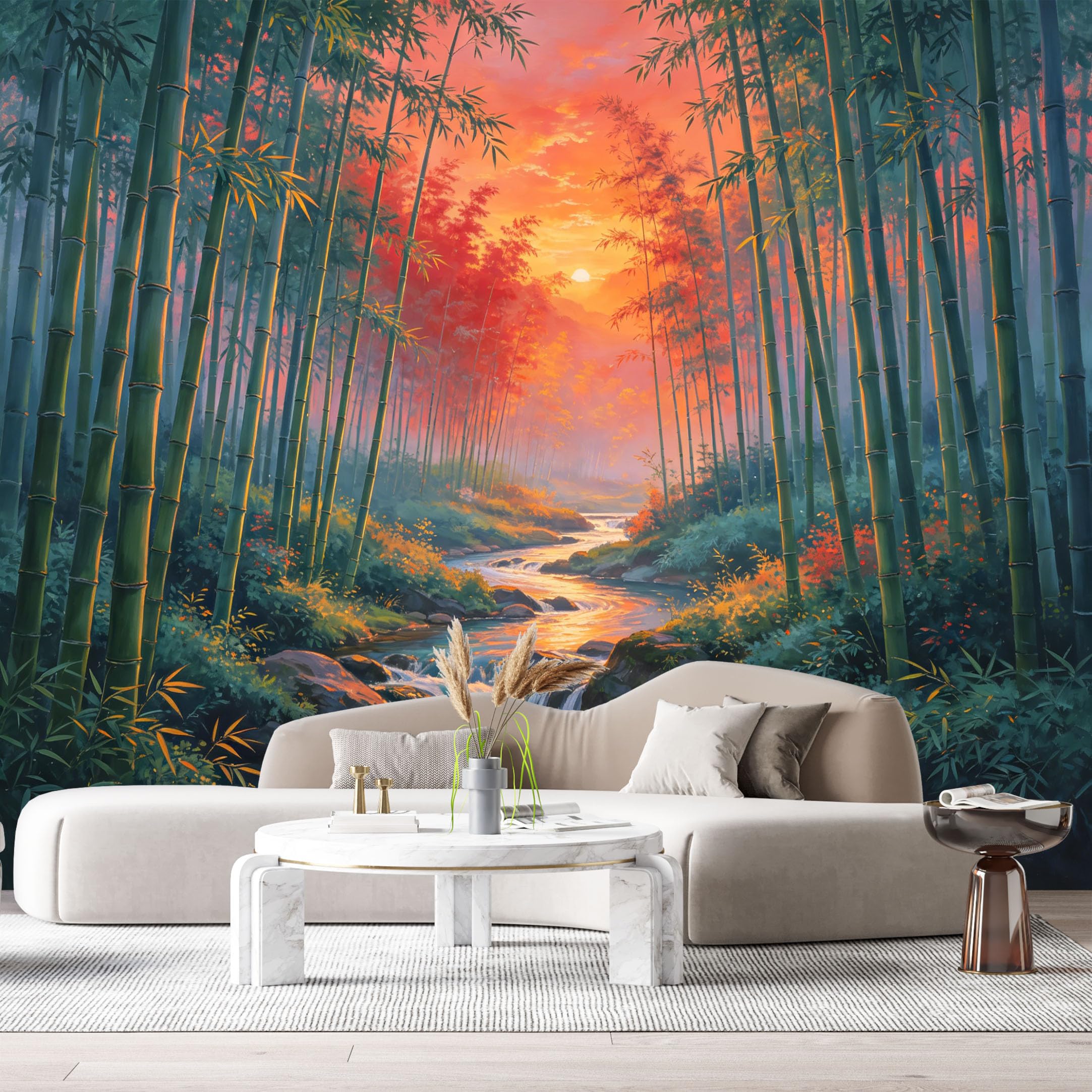 Custom Size Wall Murals Bamboo Forest Landscape Watercolor Sunset Stream SelfAdhesive Wall Fabric Removable Large Wallpaper for Photo Living Room