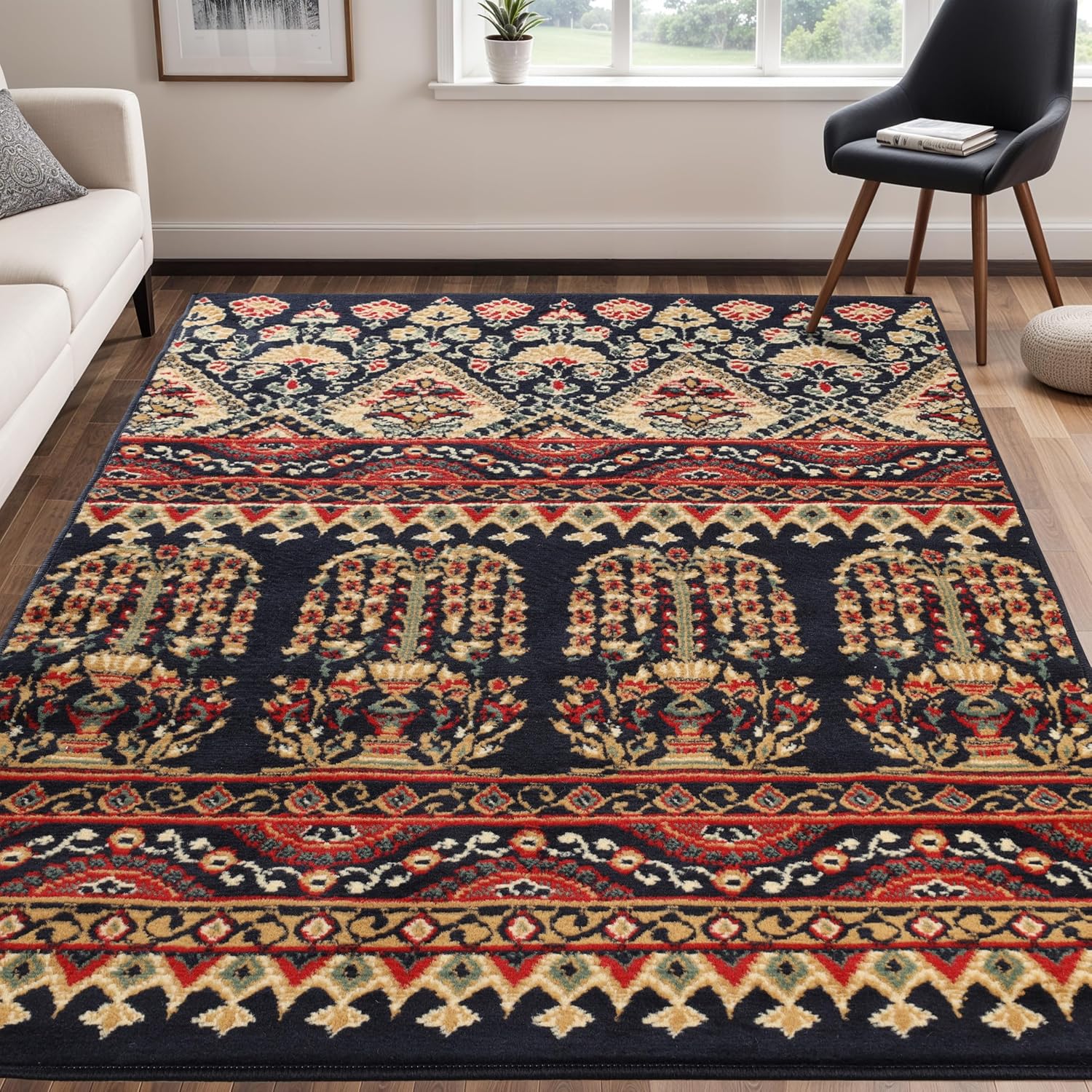 Intricate Ornamental Eclectic Ultra-Soft Indoor Area Rug or Runner, with Jute Backing, Anti-Static, for Entryway, Living Room, Kitchen, Bedroom, 5' x 8', Black