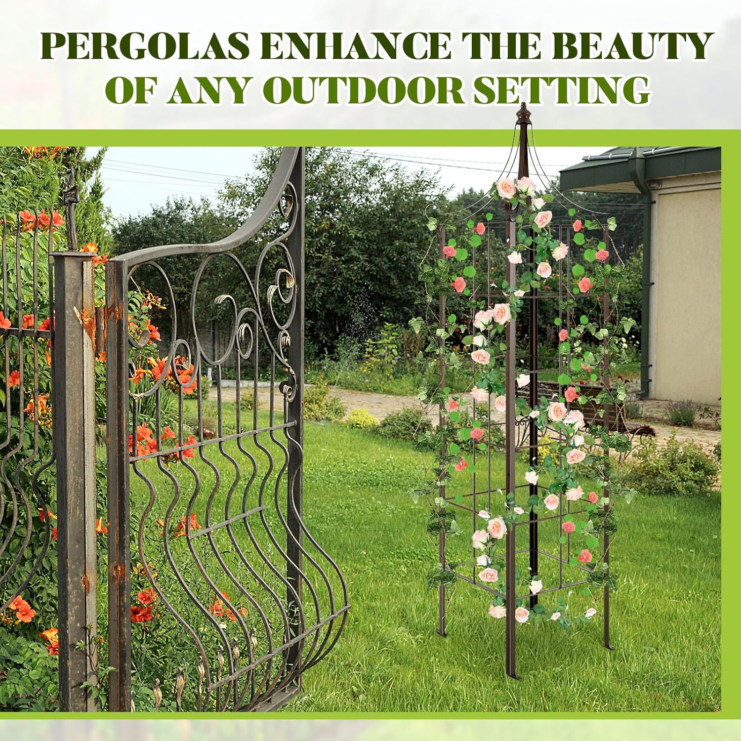 MorningRo 1 Pack Heavy Duty 7.31 ft Garden Obelisk Trellises for Climbing Plant Large Metal Garden Obelisk Wrought Iron Ornamental for Climbing Vines Flowers Stands Patio Lawn Backyard Decor