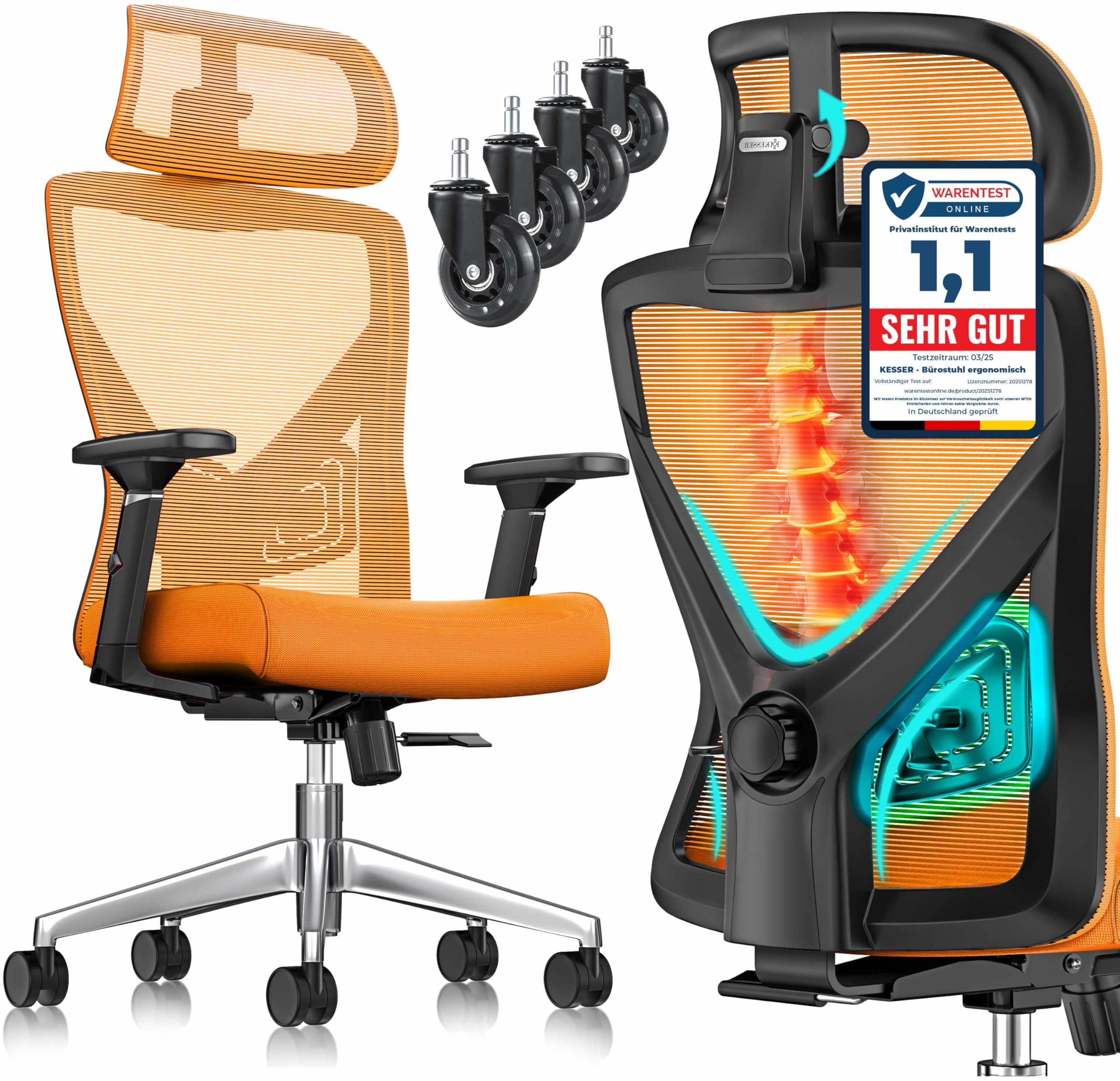 KESSER® Bürostuhl Ergonomisch mit verstellbaren Armlehnen | Drehstuhl mit Lendenwirbelstütze Rückenschonend | Schreibtischstuhl mit Kopfstütze | Office Chair Wippfunktion bis 125° mit 5X Gummirollen