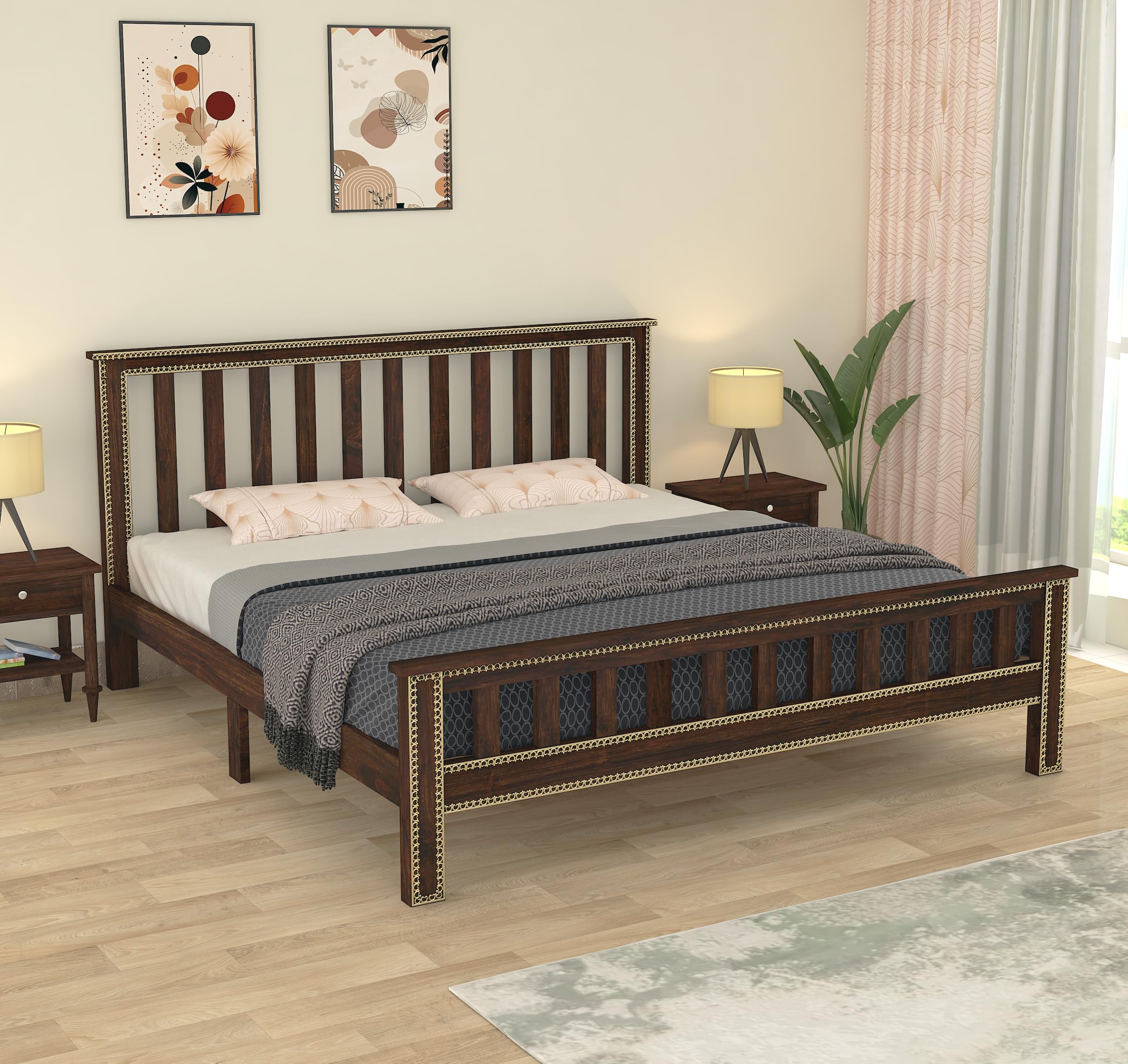 RJ ART Wooden Queen Size Bed Without Storage | Double Bed Cot Bed with Traditional Brass Work for Bedroom & Hotel | Platform Bed/Palang, Sheesham Wood, Walnut Finish, Recommended Mattress Size:78 X 60