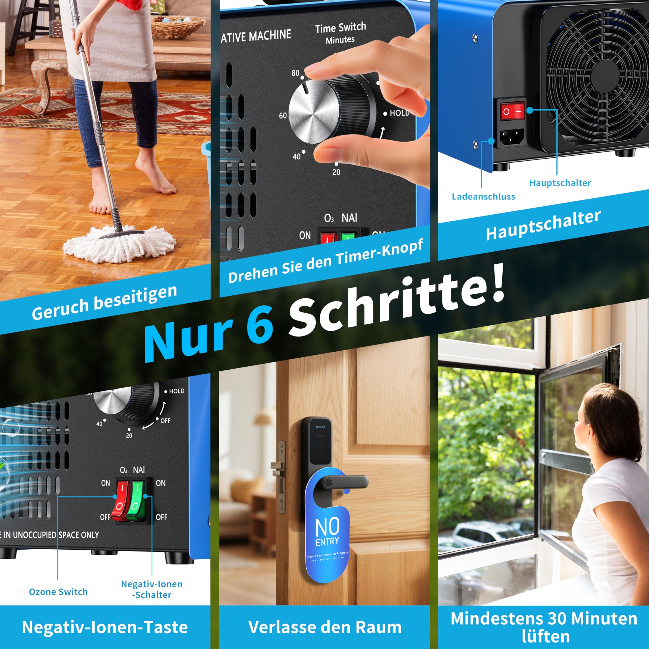 Ozongenerator 100000 mg/h,Ozongerät mit negativen Ionen und 120Min-Timer,ozon luftreiniger zur Geruchsbeseitigung für Auto,Zuhause,Haustiere,Rauch,gewerbliche/industrielle Nutzung/Anwendbar 600m²-Blue