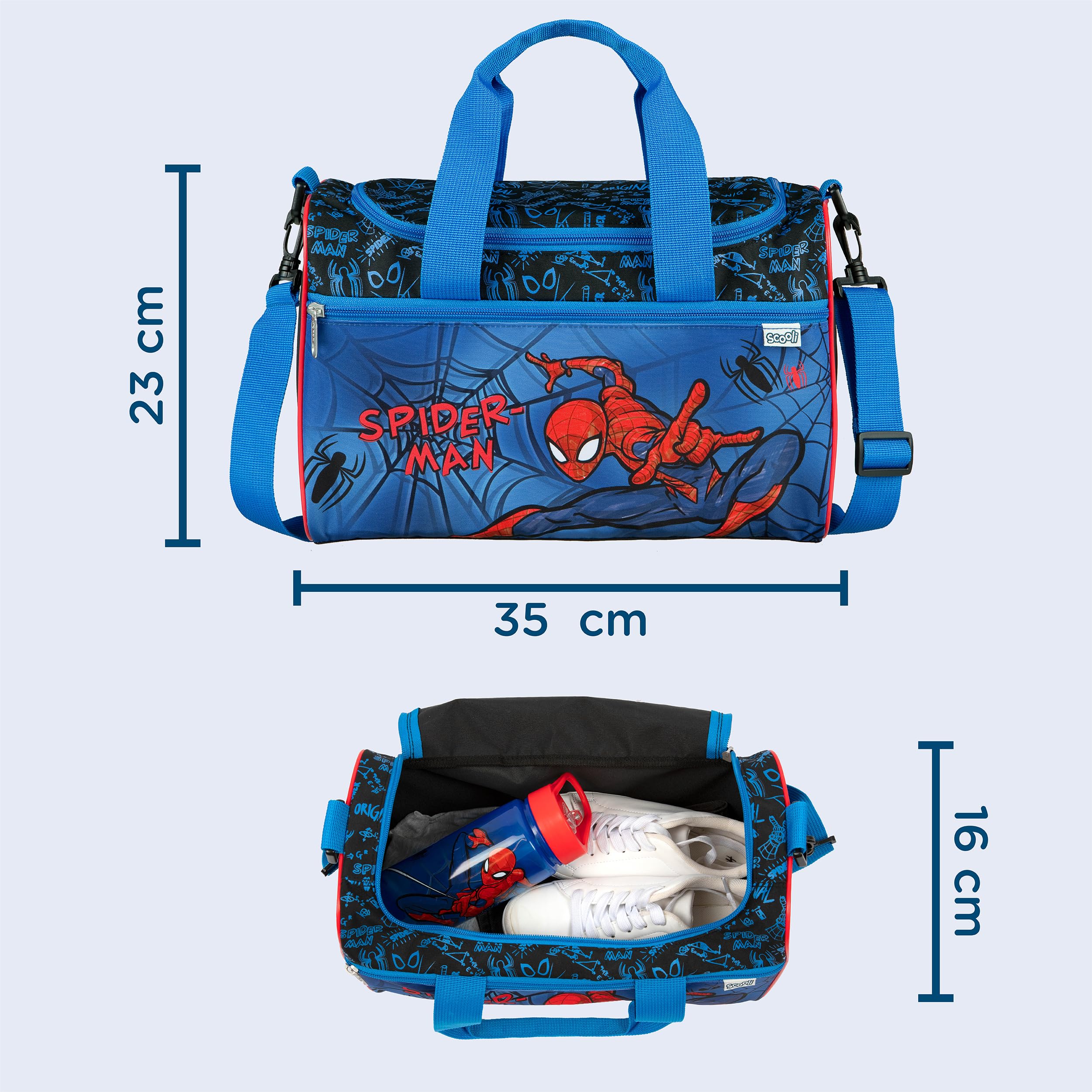 Scooli - Borsa sportiva Marvel Spider Man per bambini - 23 x 35 x 16 cm - ampio scomparto principale - tracolla regolabile - accessori per la scuola - borsa a tracolla