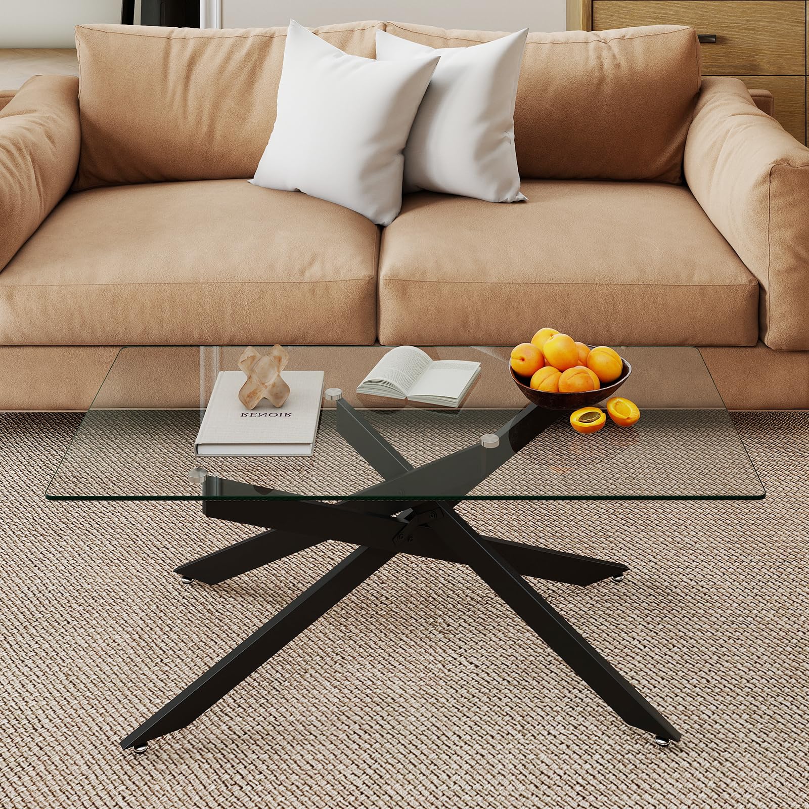 COSTWAY Mesa de Centro de Cristal, Mesa Central Rectangular con Tapa de Cristal Templado y Patas Tubulares de Metal, Mesita de Café Moderna para Salón Oficina Apartamento, 120 x 60 x 45,5 cm (Negro)