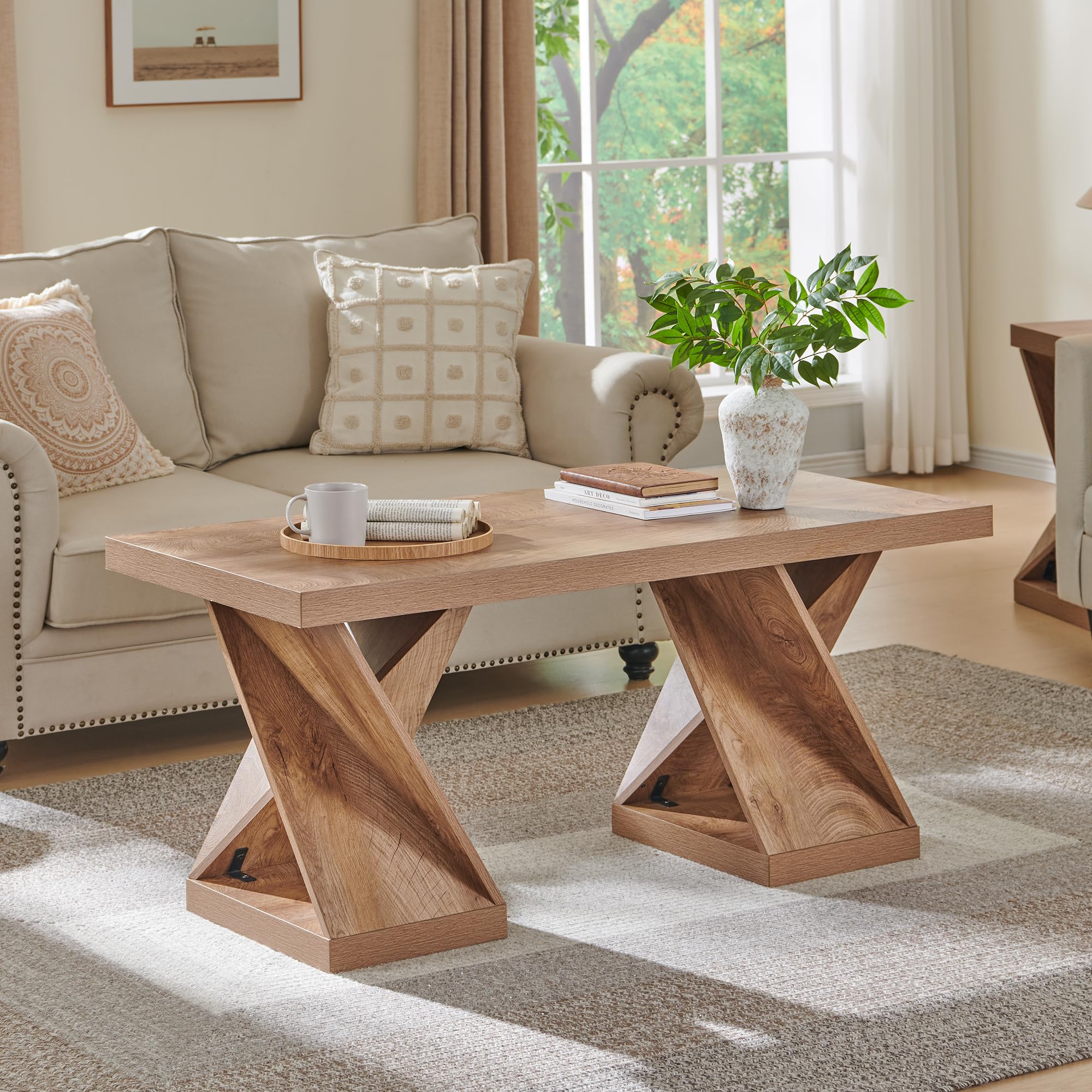 OKD Modern Coffee Table 48 Twisted Center Table with Wood Thickened Pedestal Rectangular Rustic Living Room Table Farmhouse