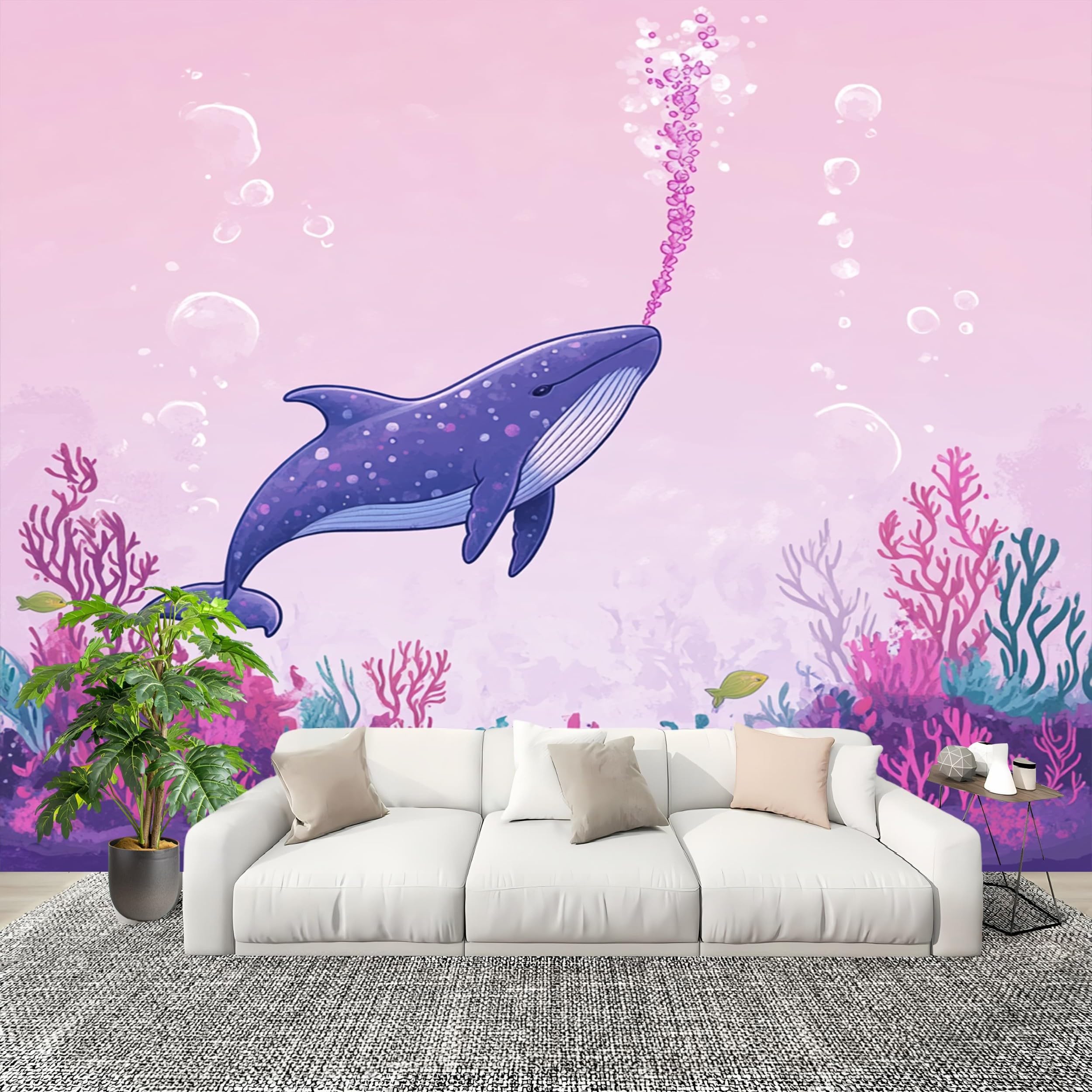 Papier peint intisse mural poster geant 3D animaux marins rose 300x210cm
