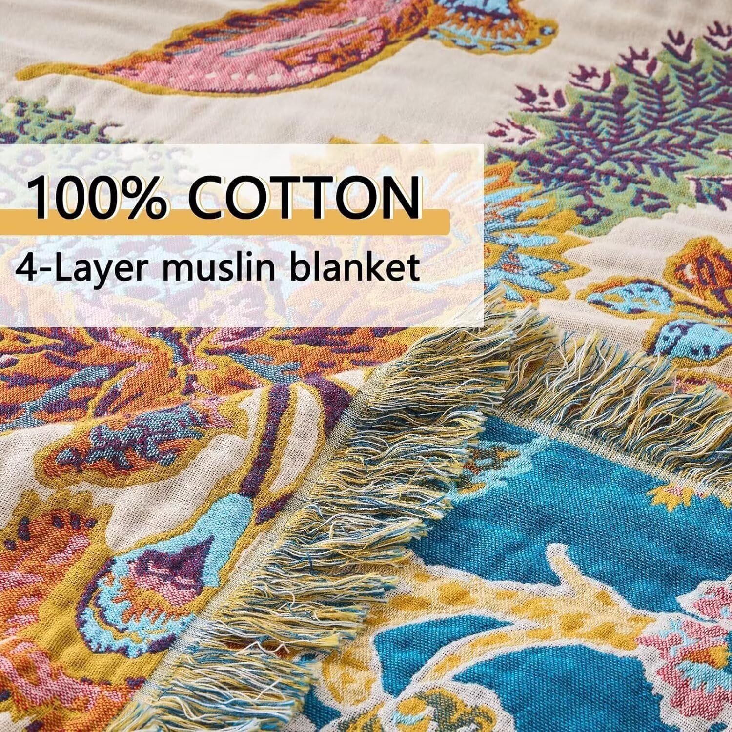 Boho Throw Blanket Farmhouse Decor Throw Blanket Bohemian Blanket for Bed 100% Cotton Muslin Woven Couch Blanket All Seasons Quilt Bedroom (Beige, 50"x60")