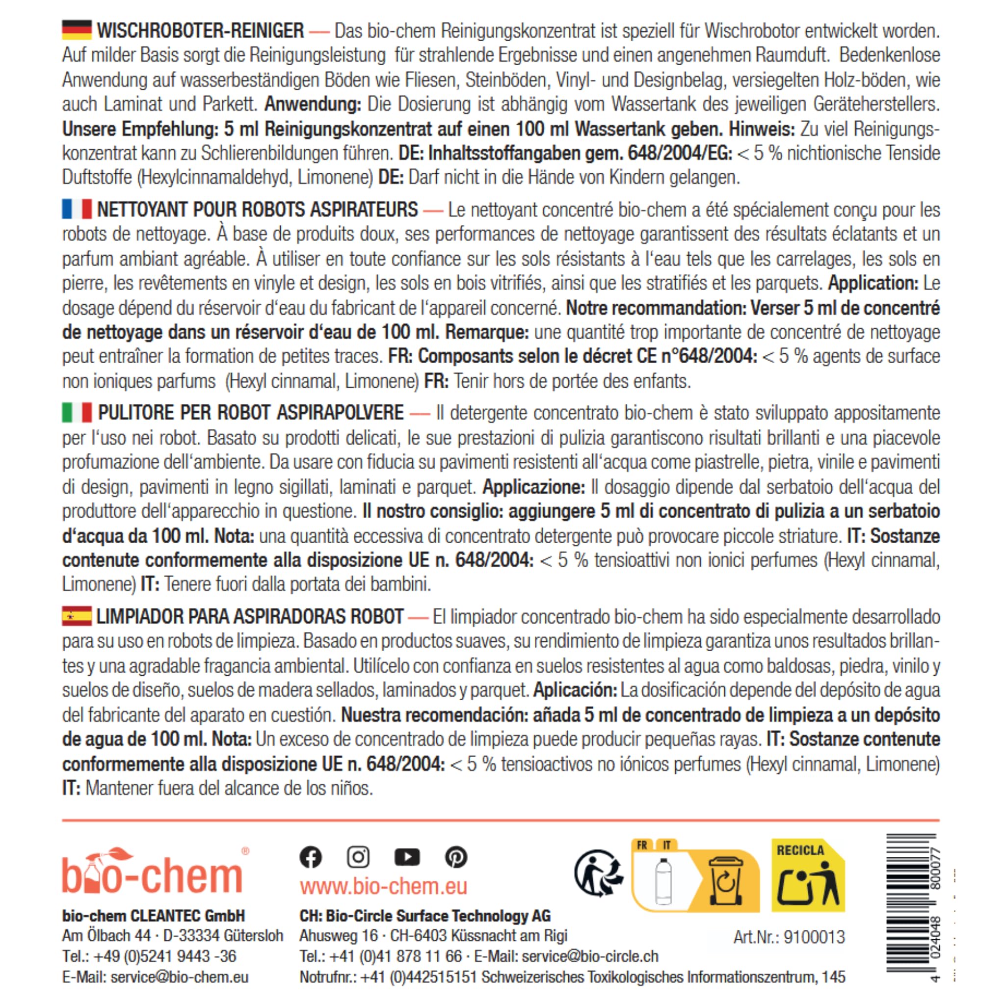 bio-chem - Detergente per pavimenti per Robot Hoover 0,75L + Bicchiere di misurazione - Detergente economico ed ecologico per Robot Hoover e Robot Cleaner Tutte le marche