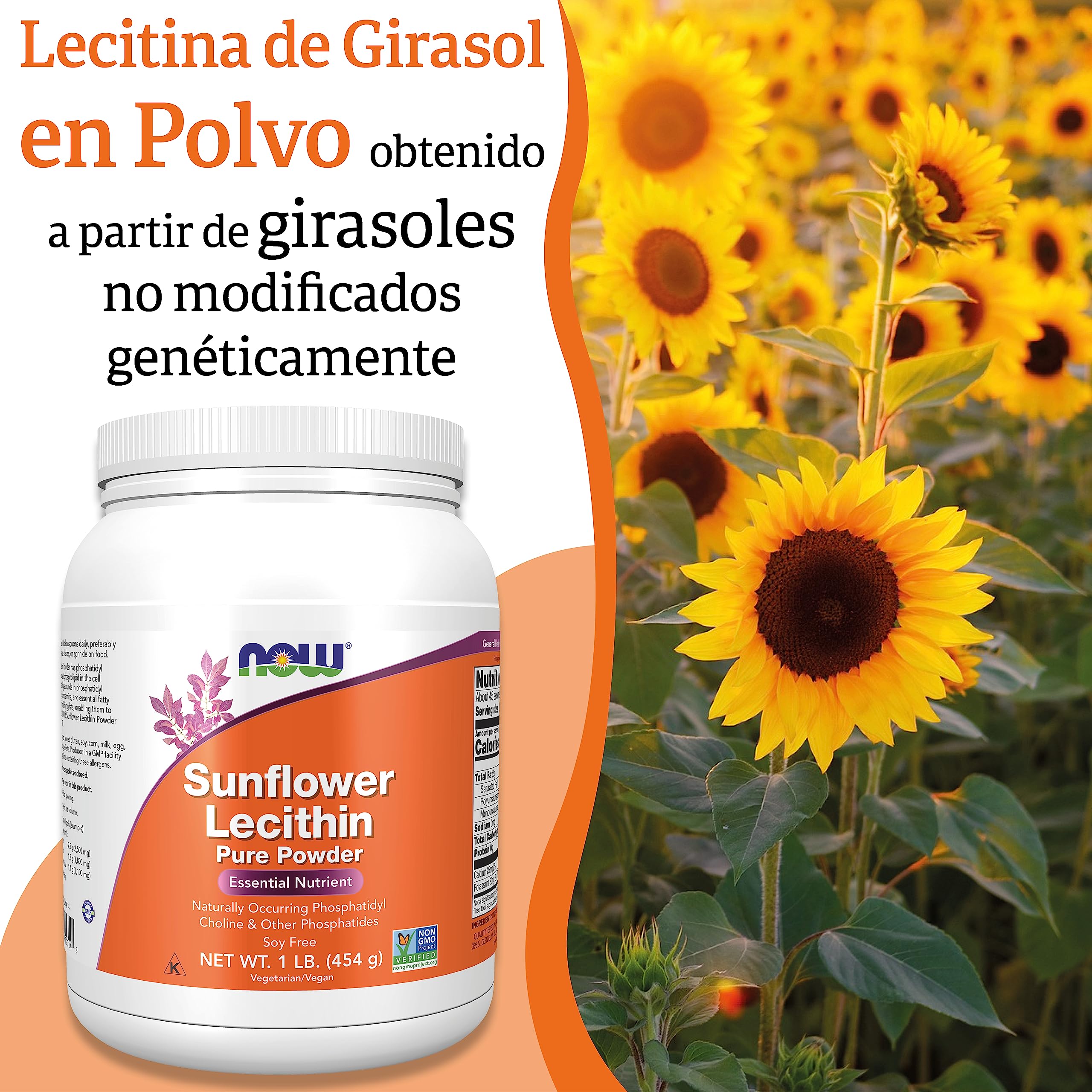 Now Foods, Sunflower Lecithin (Lecitina de Girasol), Polvo Puro Vegano, 454g, Probado en Laboratorio, Sin Gluten, Sin Soja, Vegetariano
