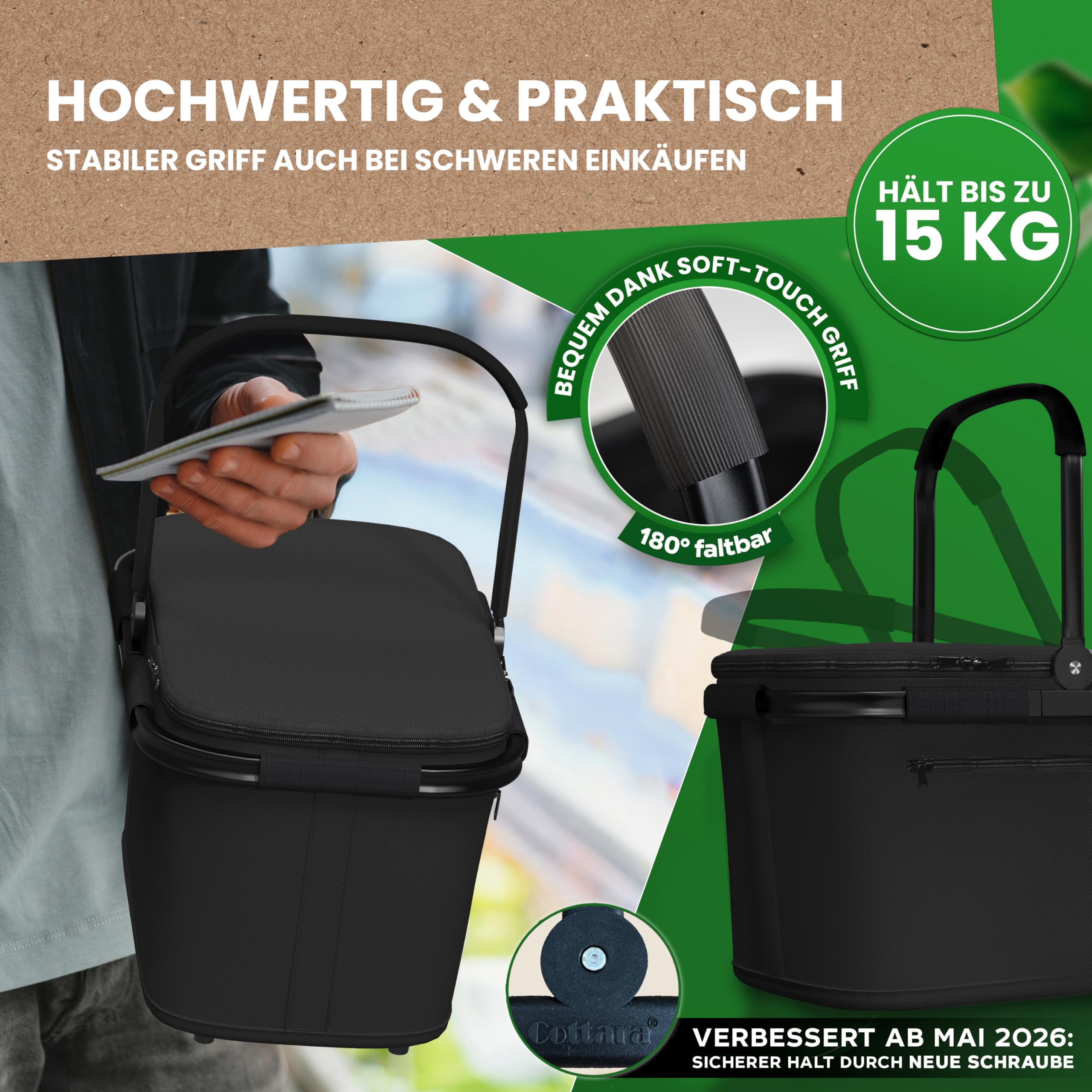 Cottara® Thermo Einkaufskorb Kühltasche groß | isolierter Einkaufskorb mit Deckel, verstärktem Boden, Frontfach mit Reißverschluss | Ideal als Kühlkorb oder Picknick Korb (Schwarz)