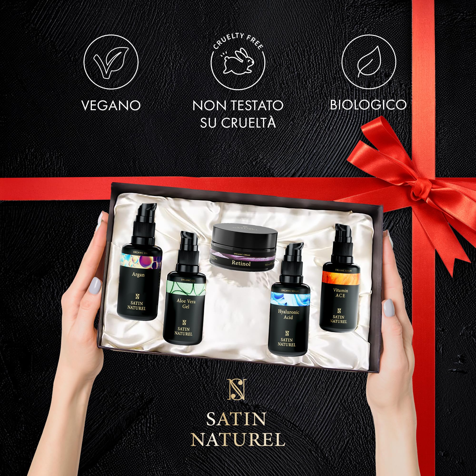 Satin Naturel Set Regalo per Donna – Routine Skincare 5x30 ml con Gel di Aloe Vera, Olio di Argan, Siero Vitamina C, Siero Acido Ialuronico & Crema Retinolo – Vegano in Confezione Regalo di Lusso