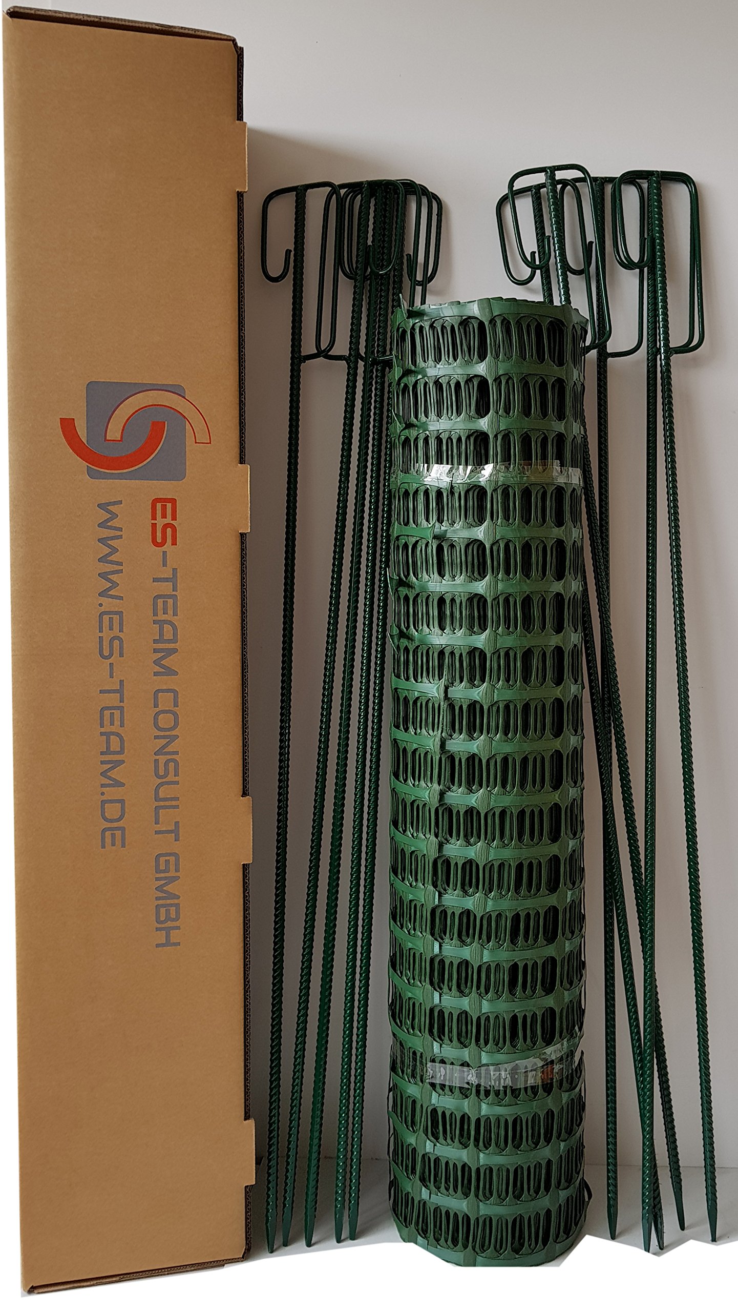 UvV Mobiler Absperrzaun Kunststoff Fangzaun grün 50 m x 1 m hoch + 10 grüne Absperrleinenhalter, Absperrnetz, Maschenzaun, Bauzaun Rolle Kunststoff Extra Reissfest, 150 gr (7,50 kg) (Grün-Grün)