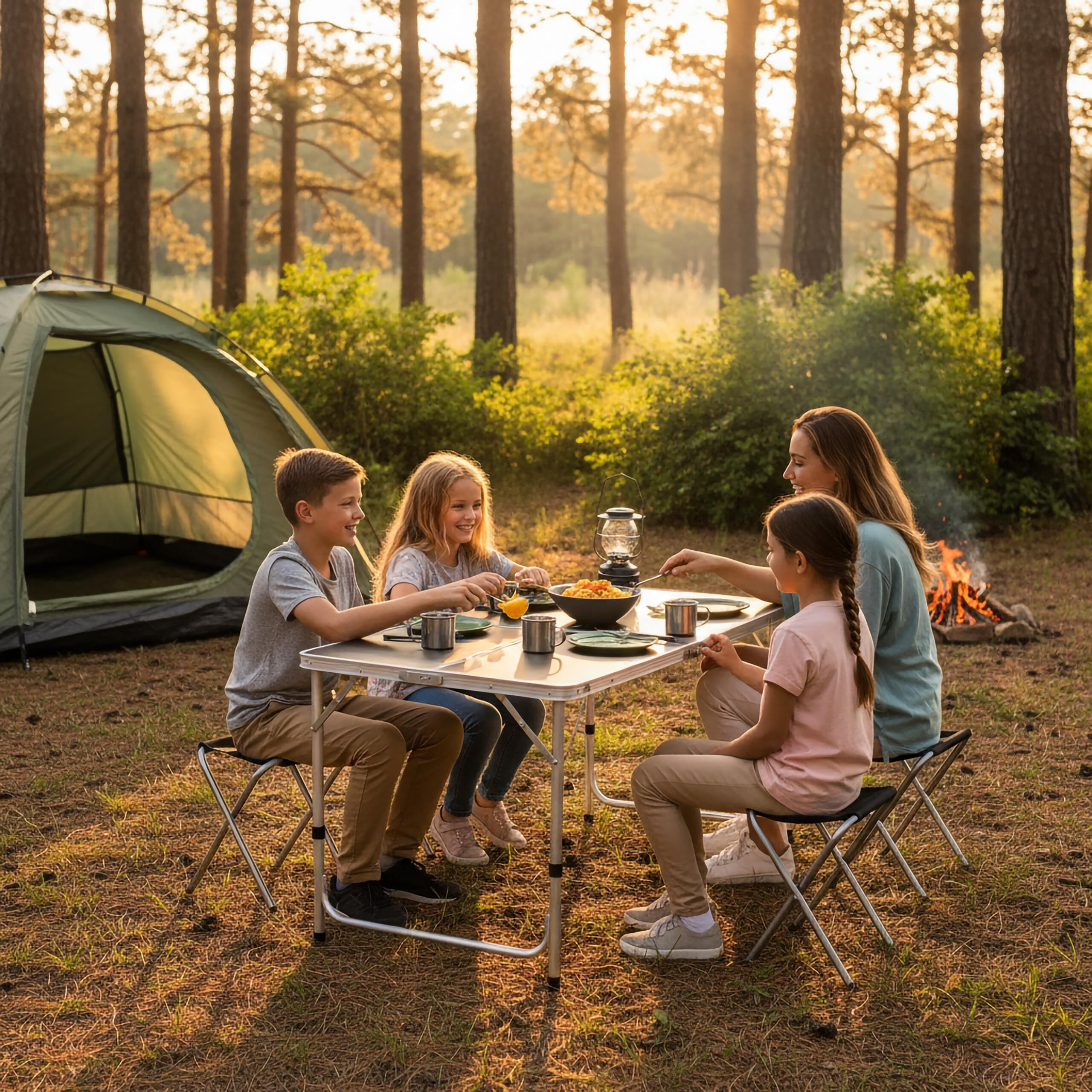 Relaxdays Campingtisch, 4 Sitzhocker, klappbar, höhenverstellbar, mit Tragegriff, Aluminium, MDF, Klapptisch, schwarz Sport & Freizeit