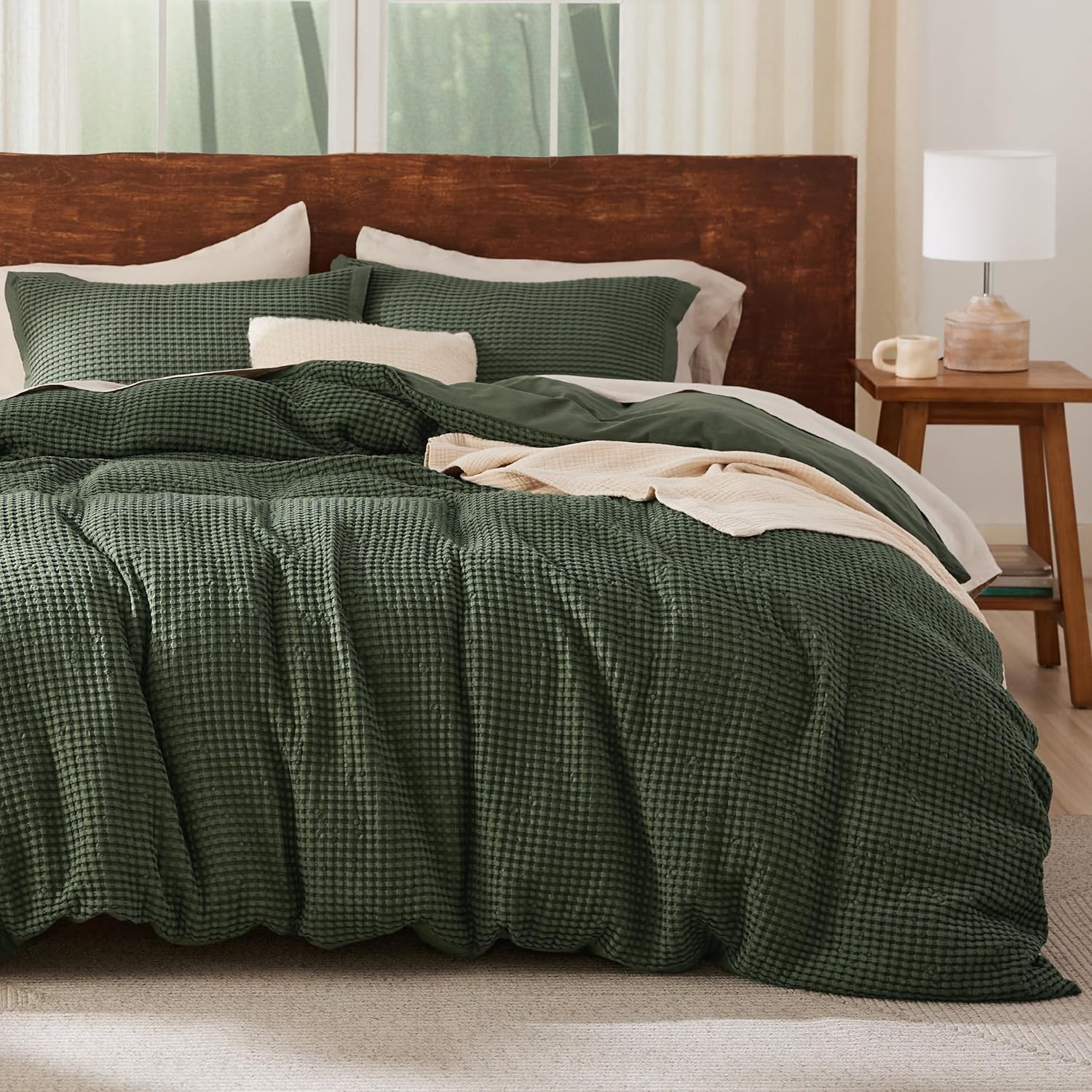 Bedsure Waffle Duvet Cover Queen - Moisture-Wicking Cotton Blend Rayon Derived from Bamboo Duvet Cover Set for Hot Sleepers, Cooling Bedding Set with a Vintage Charm, 3 Pieces (Olive Green, 90"x90") Queen (90" x 90") 21 - Cooling Olive Green (No Comforter