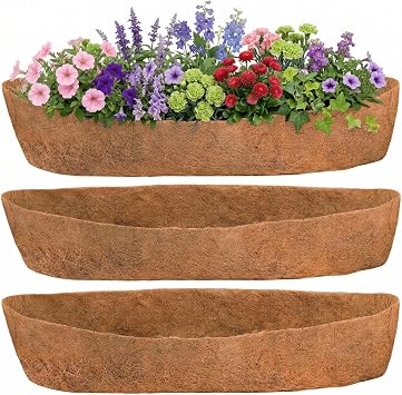 Hacaroa 3 Pcs Trough Coco Fiber Replacement Liner, 36" Half Moon Window Deck Basket Liner, Pre-Formed Coconut Planter Liner for Wall Hanging Basket, Window Box, Garden Flower Pot, Brown