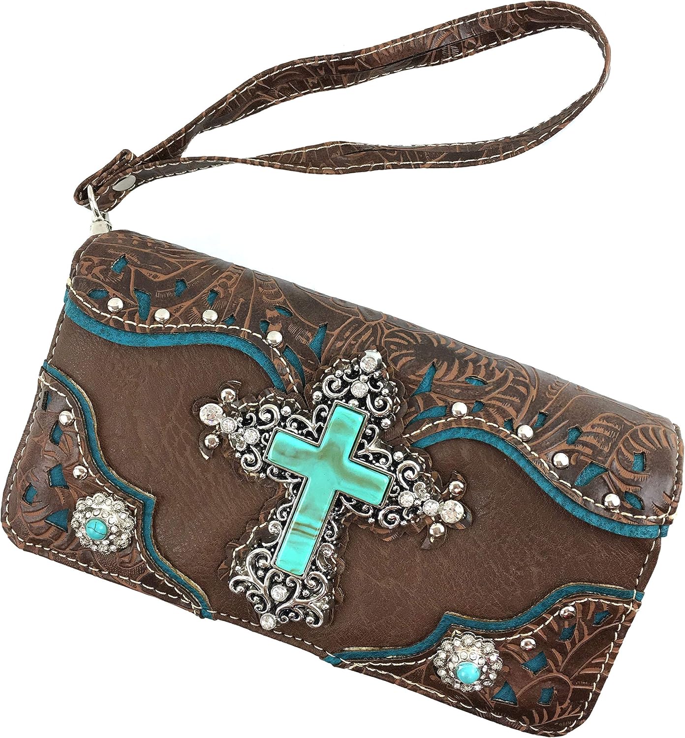 Zelris Turquoise Rhinestone Cross Western Women Crossbody Wrist Trifold Wallet (Brown) - Image 2