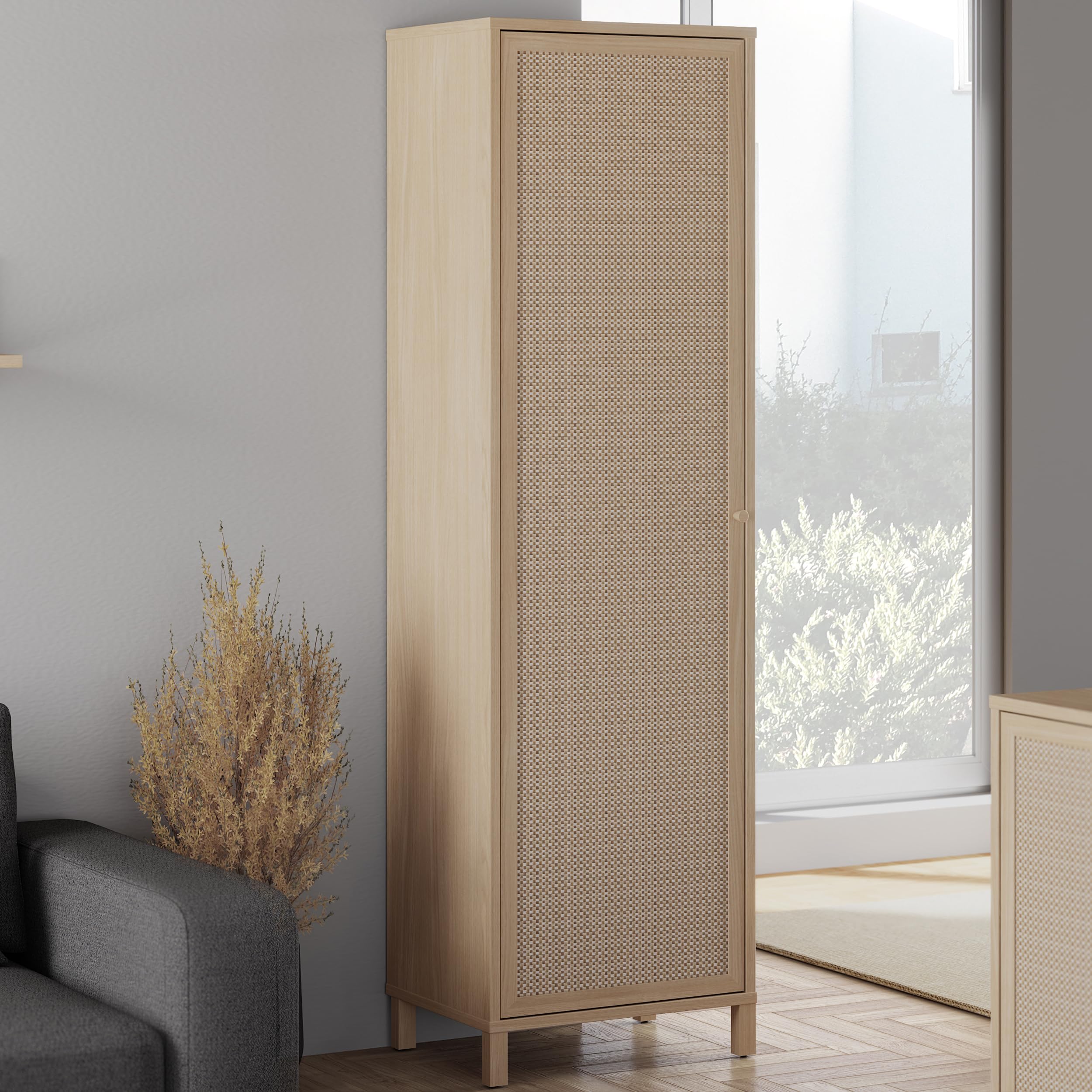 Forte SKELBIT Schrank 60, schmaler Schrank im Boho-Stil, 1-türig, Mehrzweckschrank, Holzwerkstoff, Flur, Wohnzimmer, Elegancia Eiche Holzdekor|Technorattan, 59,8 mc breit x 200,9 cm hoch x 42 cm tief