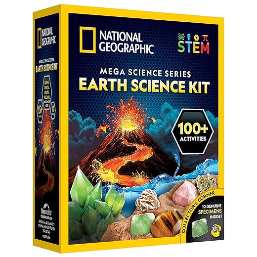 NATIONAL GEOGRAPHIC Earth Science Kit - Over 15 Science Experiments & STEM Activities for Kids, Crystal Growing, Erupting Volcanos, 2 Dig Kits & 10 Genuine Specimens, an AMAZON EXCLUSIVE Science Kit