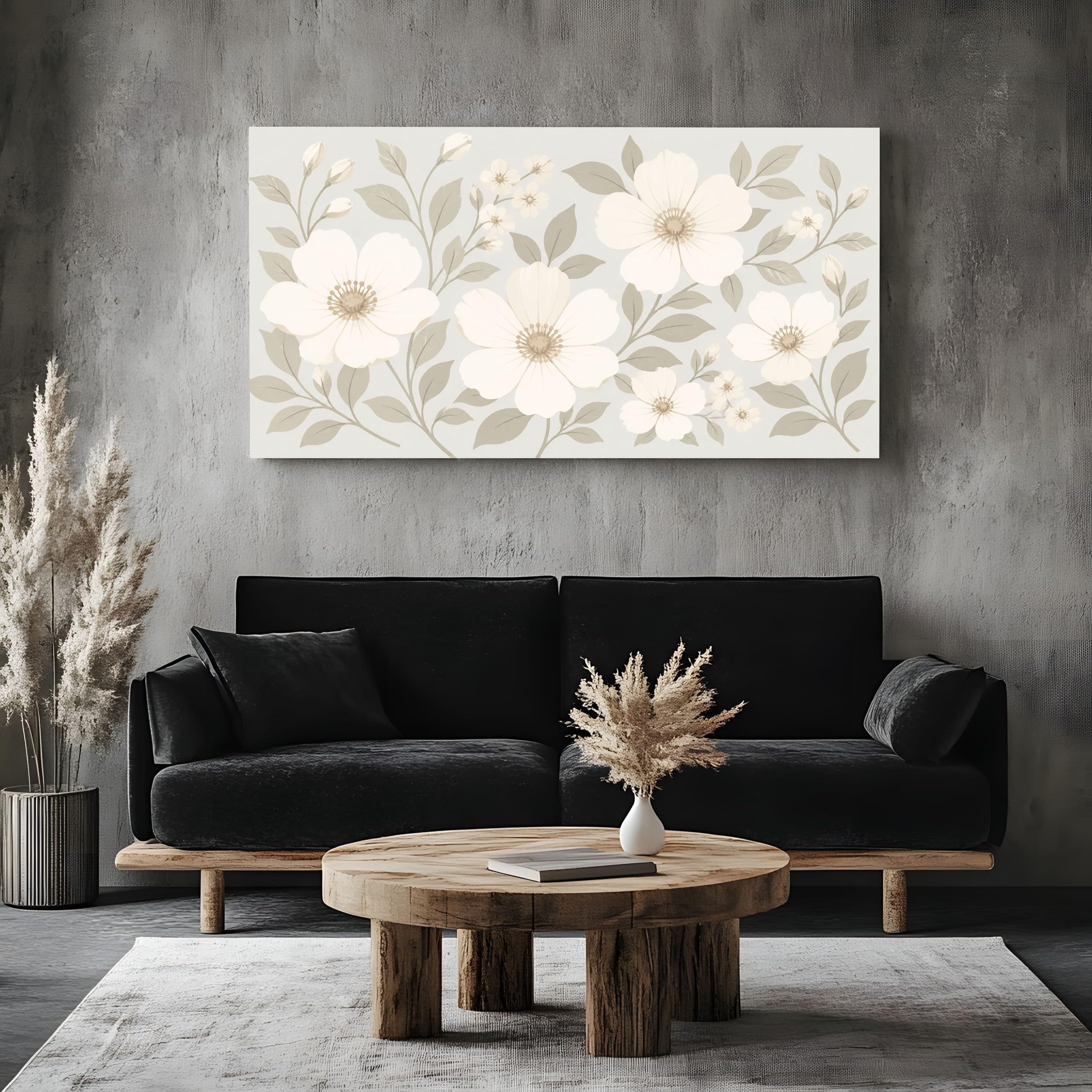 Quadro Moderno Soggiorno Foglie Botaniche Neutre Con Cornice 60X120 Cm