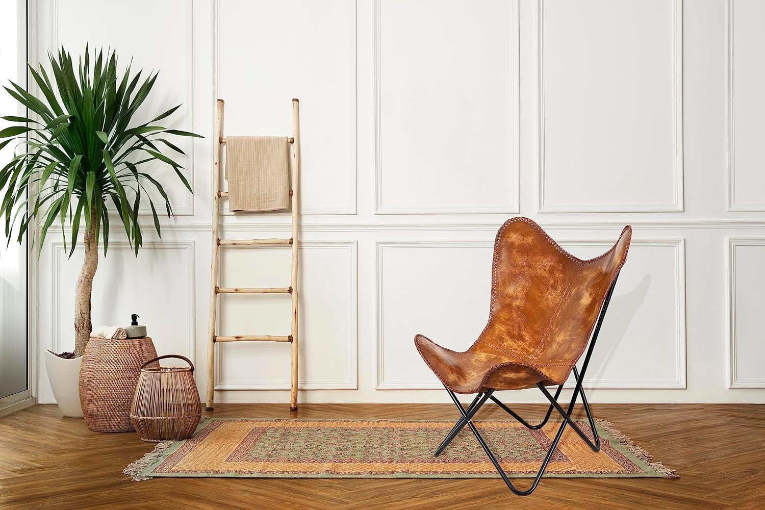 Shy Shy Let’s Touch The Sky Handmade Accent Chair Leather Living Room Chairs- Tan Side Hand Stitch Leather Butterfly Chair-Handmade with Powder Coated Folding Iron Frame (Cover with Folding Frame)