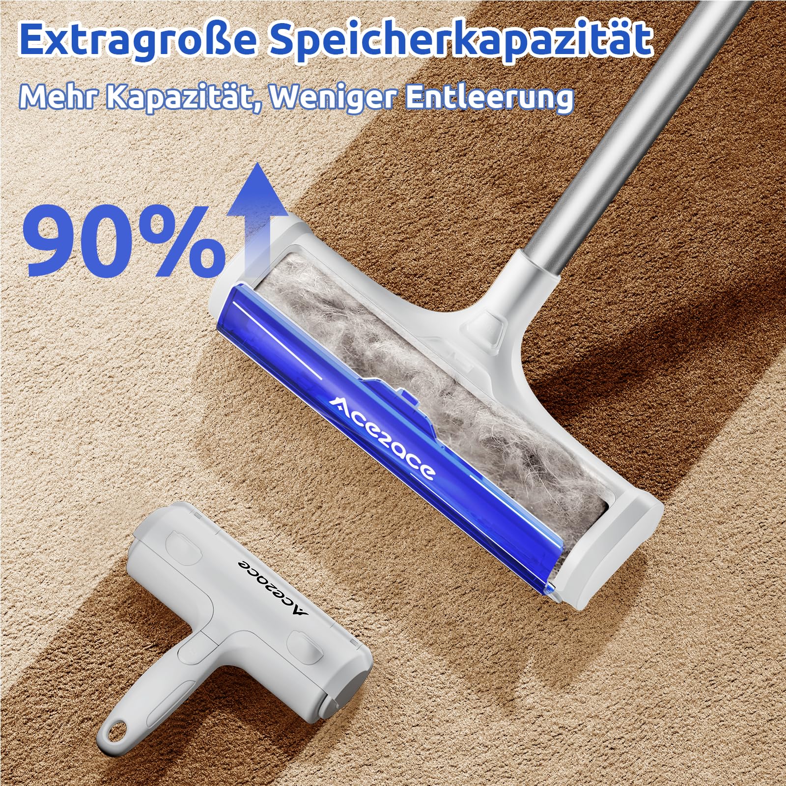 ACE2ACE Teppichrolle für Tierhaare, Teppichbürste Tierhaare, Tierhaarentferner Teppich für Hundehaare and Katzenhaare, kein Bücken, kein Knien, 1,5 m Langer Griff, Blau