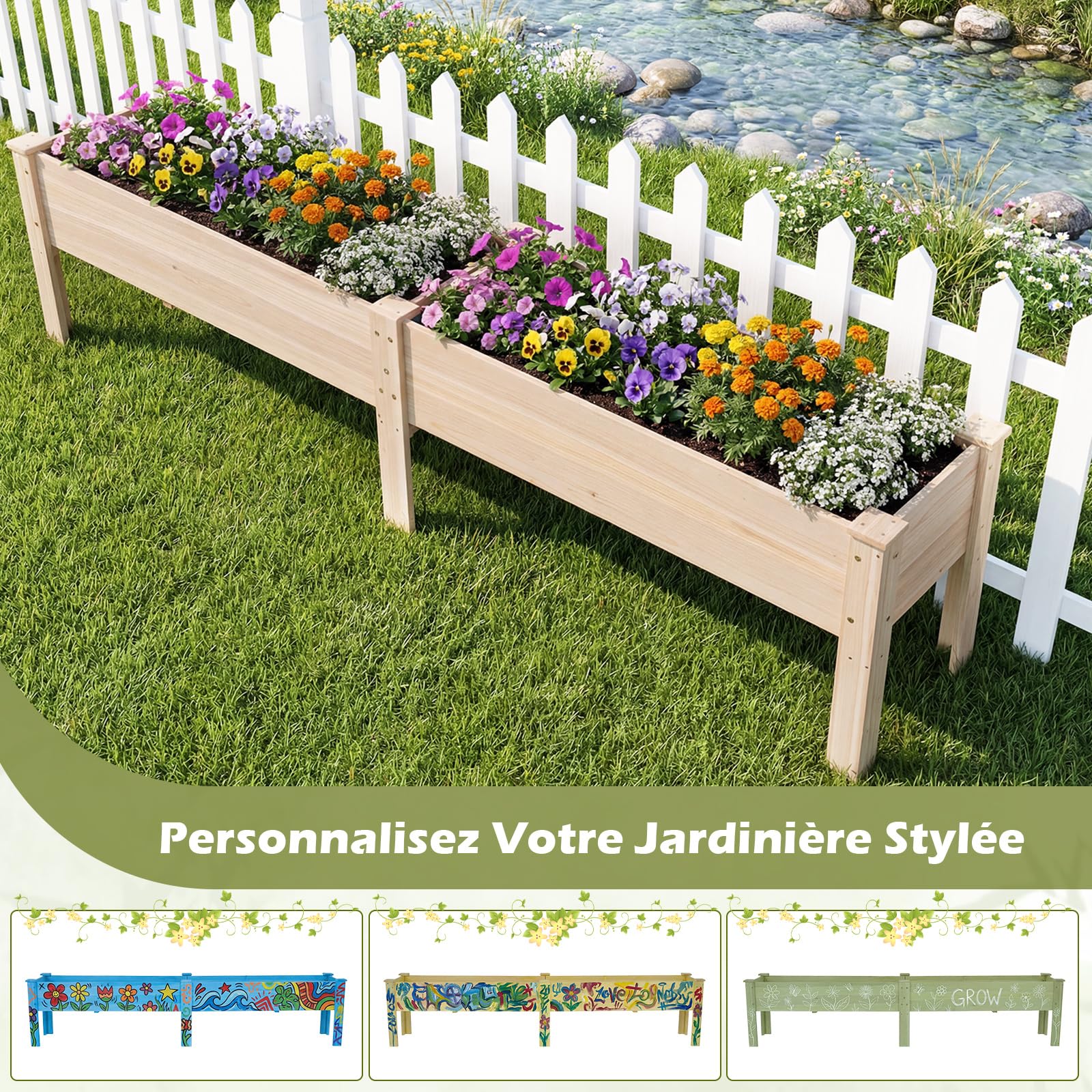 COSTWAY Jardinière avec 2 Zones de Culture, Bac à Fleur Surélevé en Bois de Sapin Plateaux Amovibles Séparation Trou de Drainage, pour Plante Légume Fleur, 240 x 43,5 x 51,5 CM, Naturel