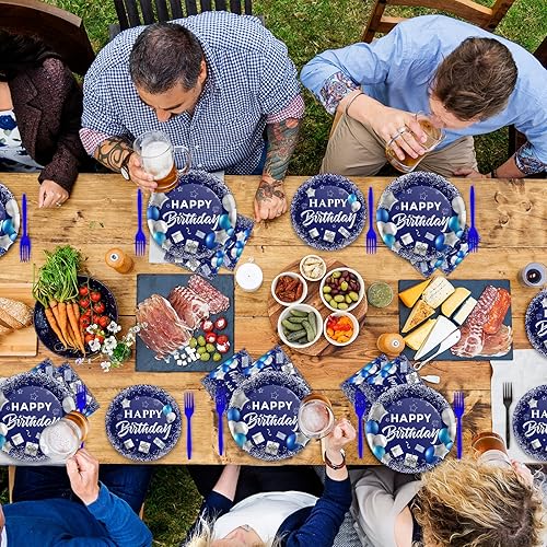 Miniatura 5 de Wiooffen Juego de vajilla azul para fiesta de cumpleaños para 24 invitados, azul marino y plateado, decoración de fiesta de feliz cumpleaños para