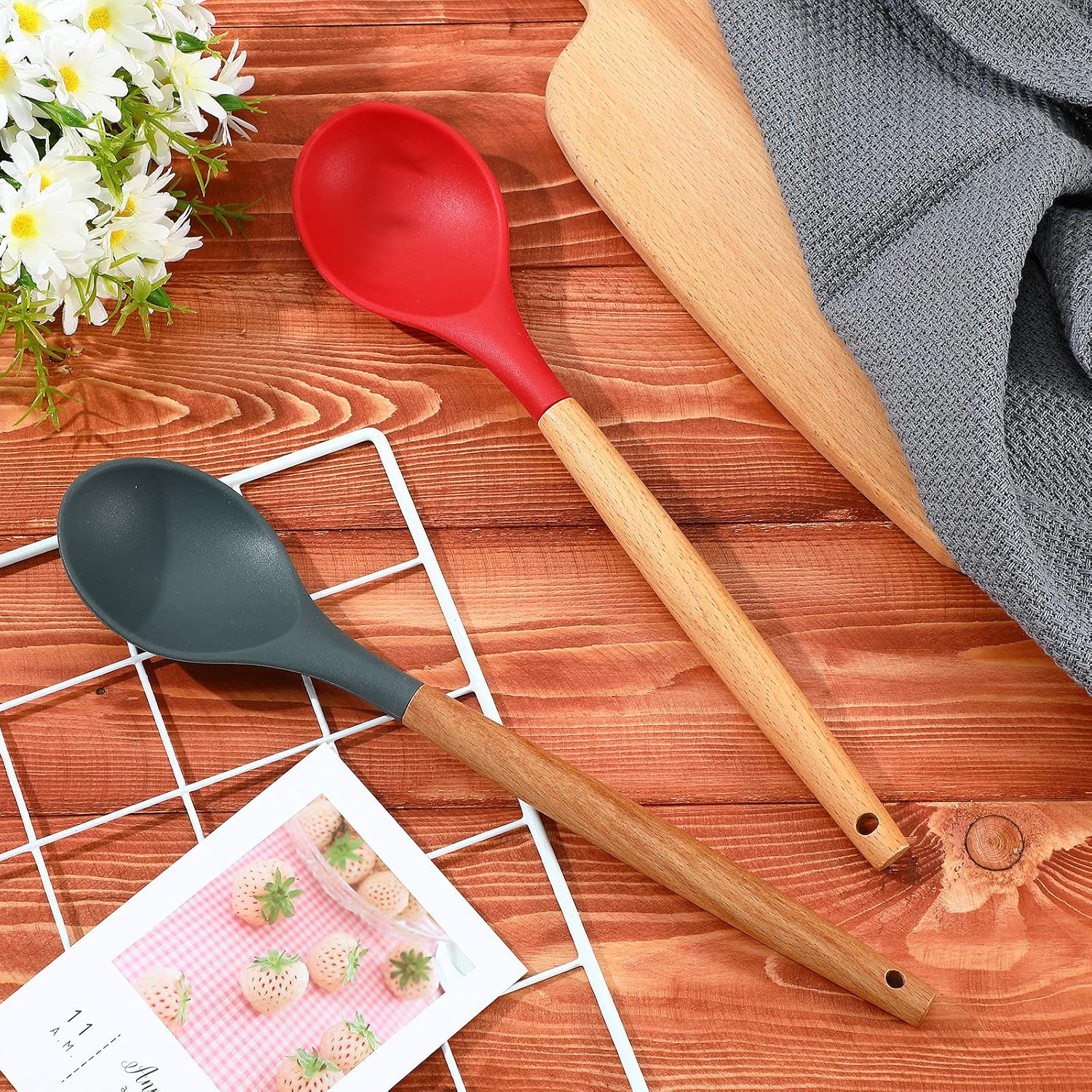 Patelai 2 Pcs Silicone Cooking Spoons 12.4" Wooden Handle Red, Gray