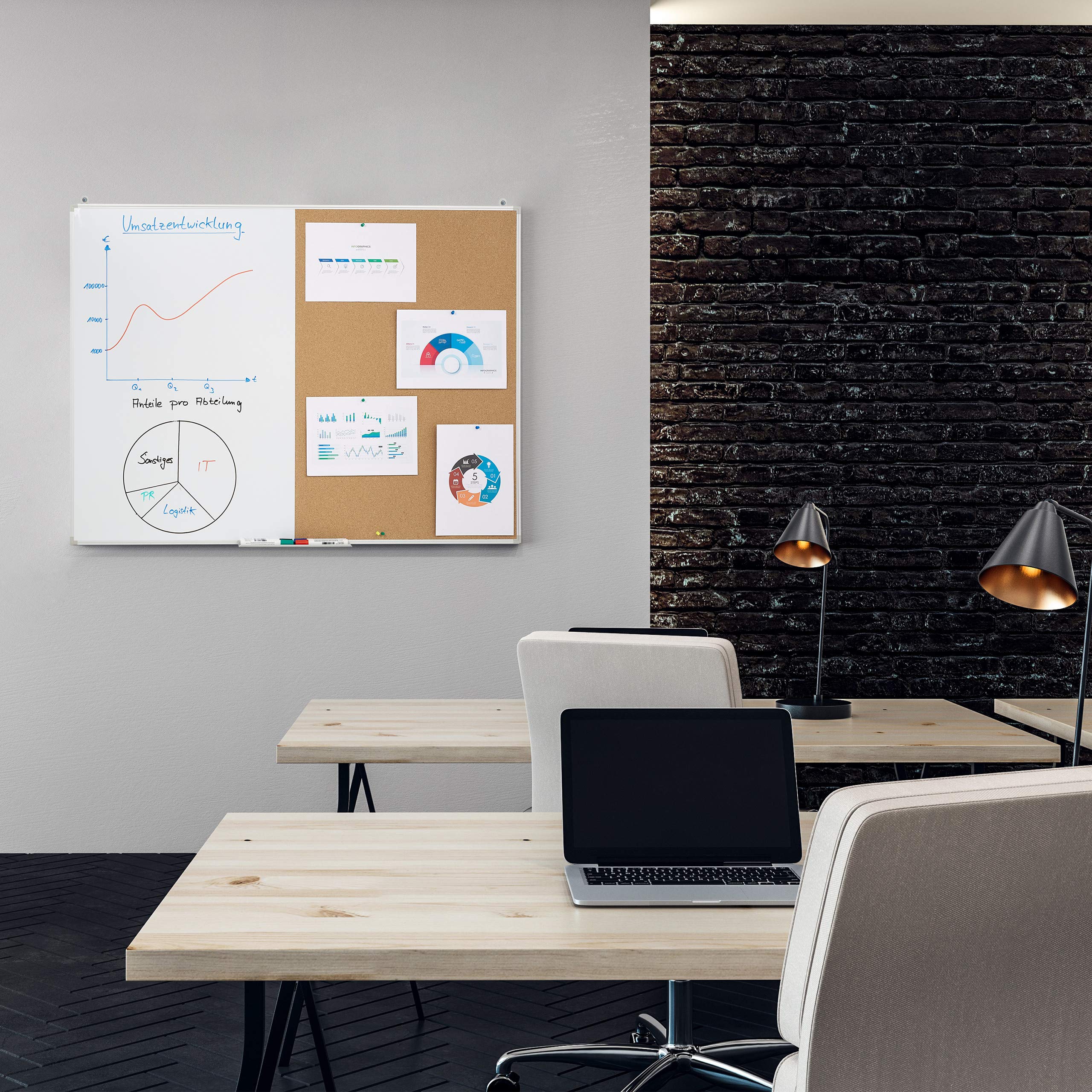 Relaxdays Tableau Blanc combiné 2 en 1, Panneau en liège, magnétique, Cadre en alu, Rangement, 60 x 90 cm, Blanc/Naturel
